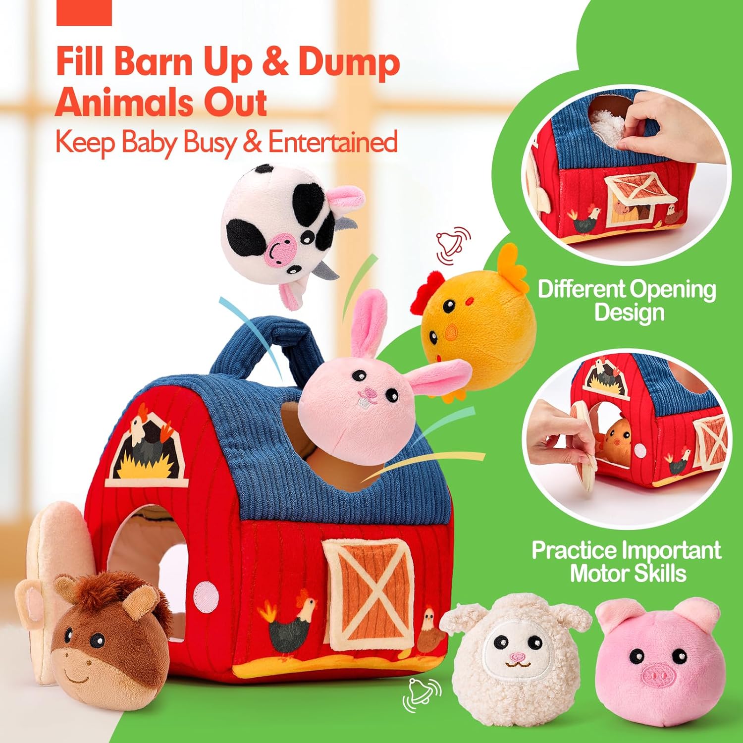 Baby Speelgoed voor 6-12 Maanden | Verrassingsschuur met Gevuld Boerderij Dieren & Zintuiglijk Speelgoed | Drukke Montessori Rammelaar & Spiegel | Perfect voor Peuters