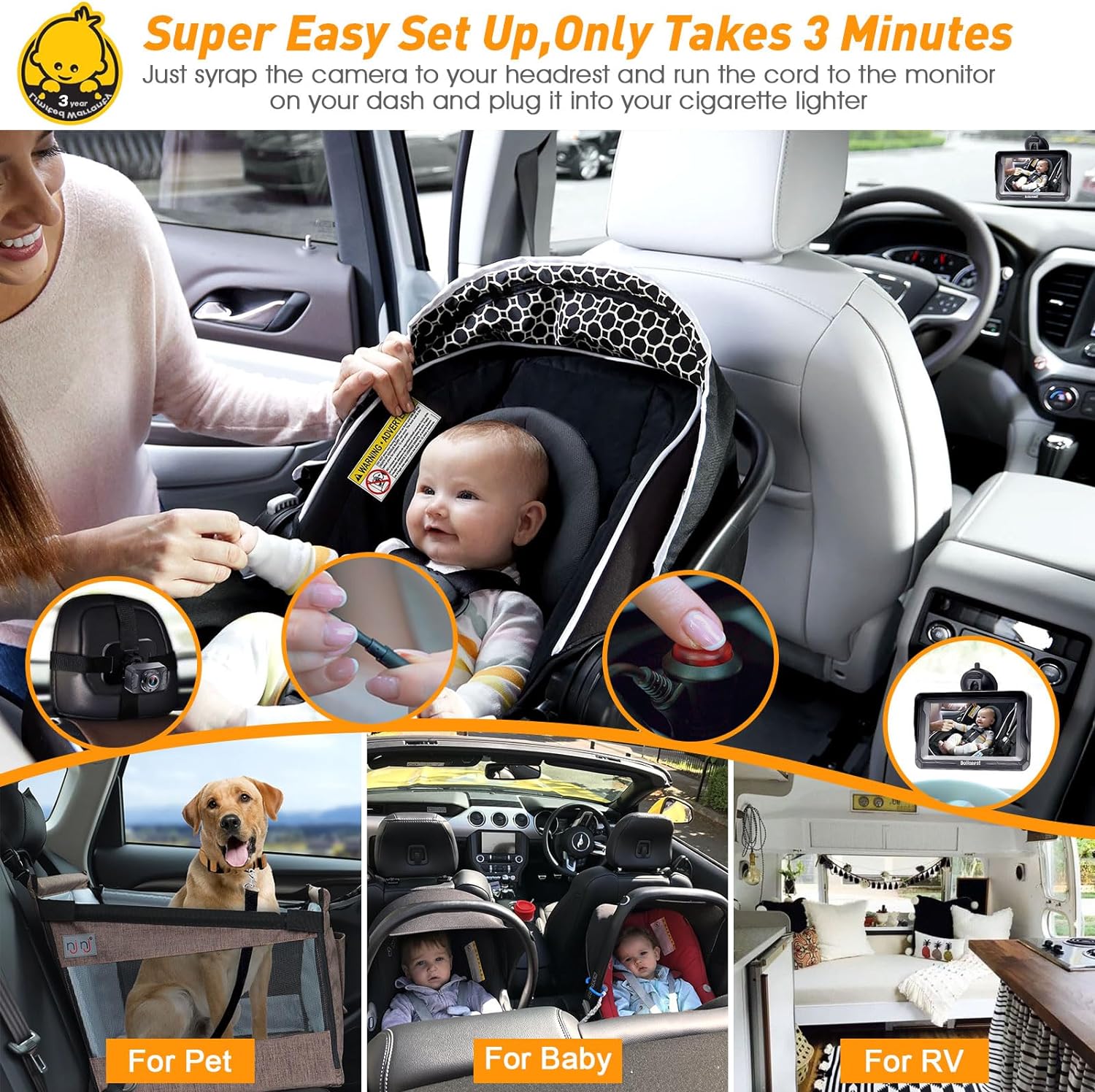 Baby Autocamera voor Achterbank | HD 1080P, 360° Rotatie, Nachtkijkfunctie | Veiligheidsmonitor voor Baby's