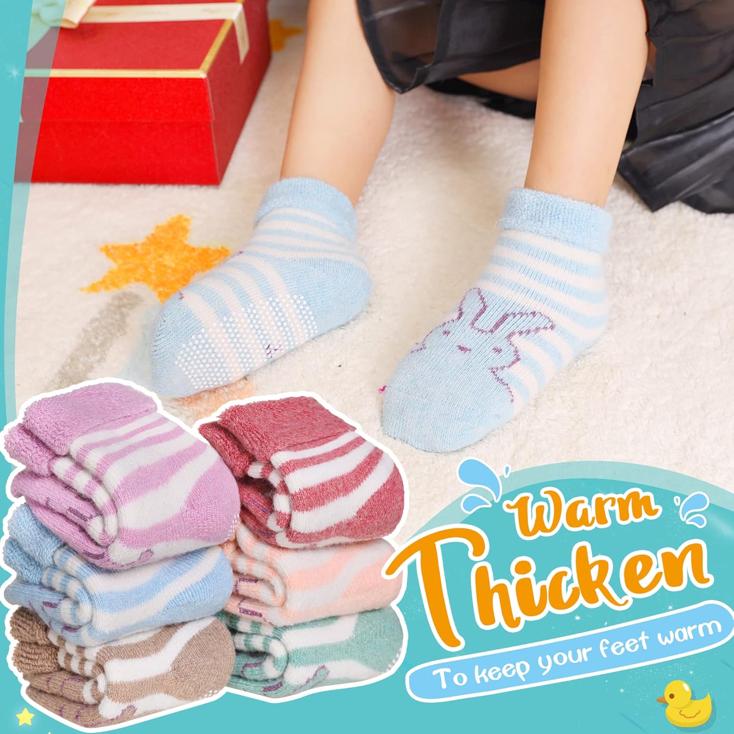 6 Paar Babywol Sokken met Grip | Zachte, warme, dikke antislip wintersokken voor peuters, uniseks
