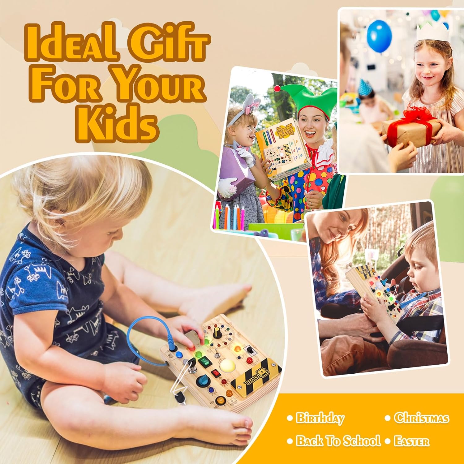 Houten Montessori Busy Board voor Peuters vanaf 1 Jaar - Educatief Activiteitenbord met LED Lichtjes en Schakelaars voor Baby, Jongens en Meisjes - Sensorisch Reisspeelgoed voor Kinderen