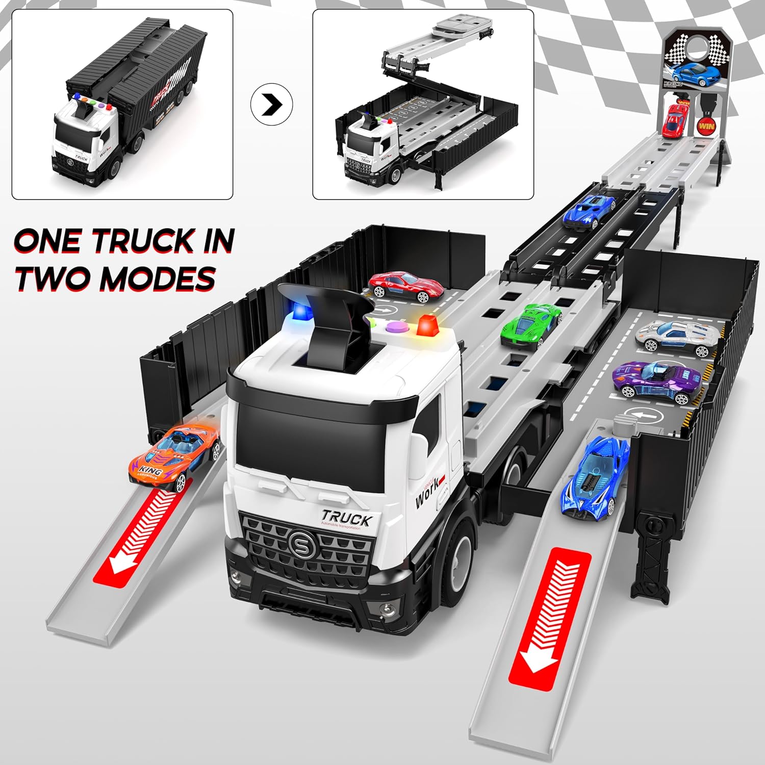 3-Laags Racebaan Truck | 8 Mini Auto’s + Vrachtwagen | Opvouwbaar Speelset | 3–6 Jaar