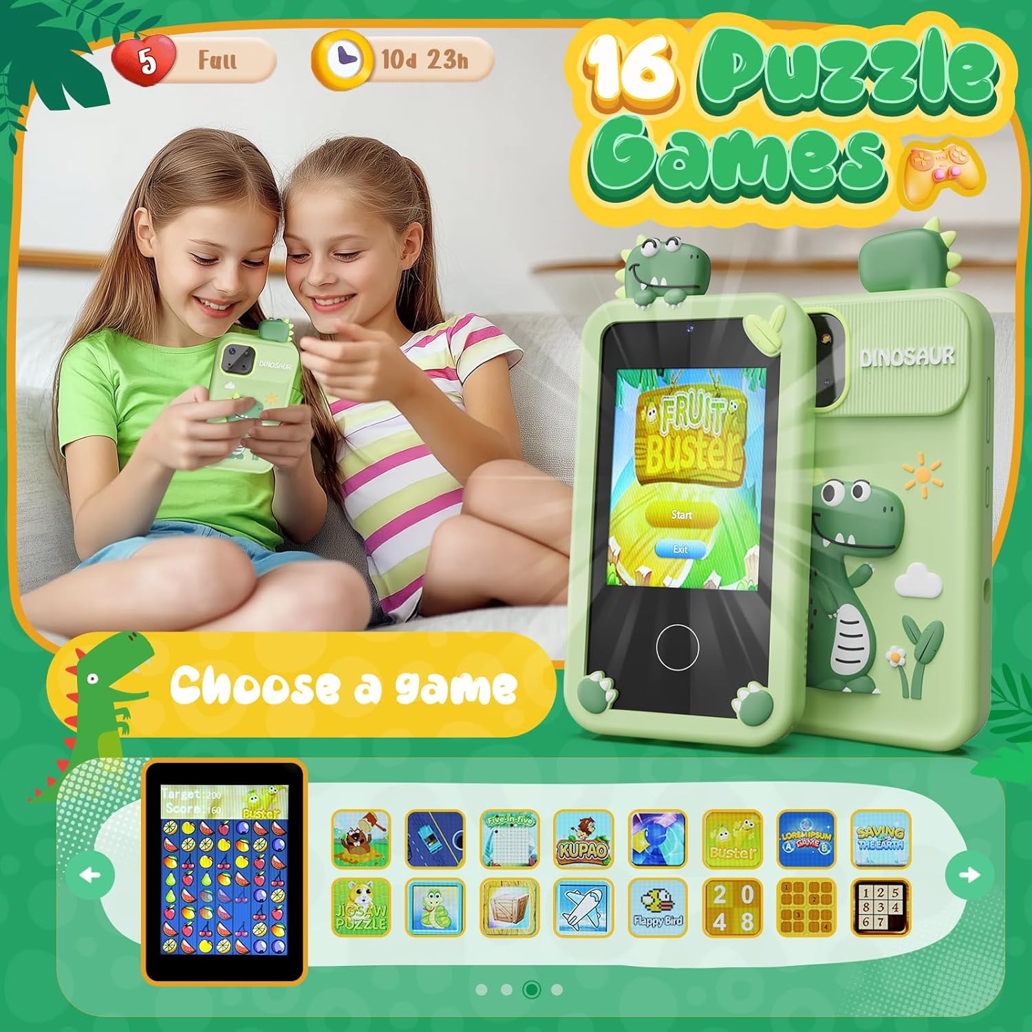 Dino Smartphone Speelgoed | Mini Smartphone met 16 Educatieve Spelletjes en Dubbele Camera voor Kinderen van 3-9 Jaar