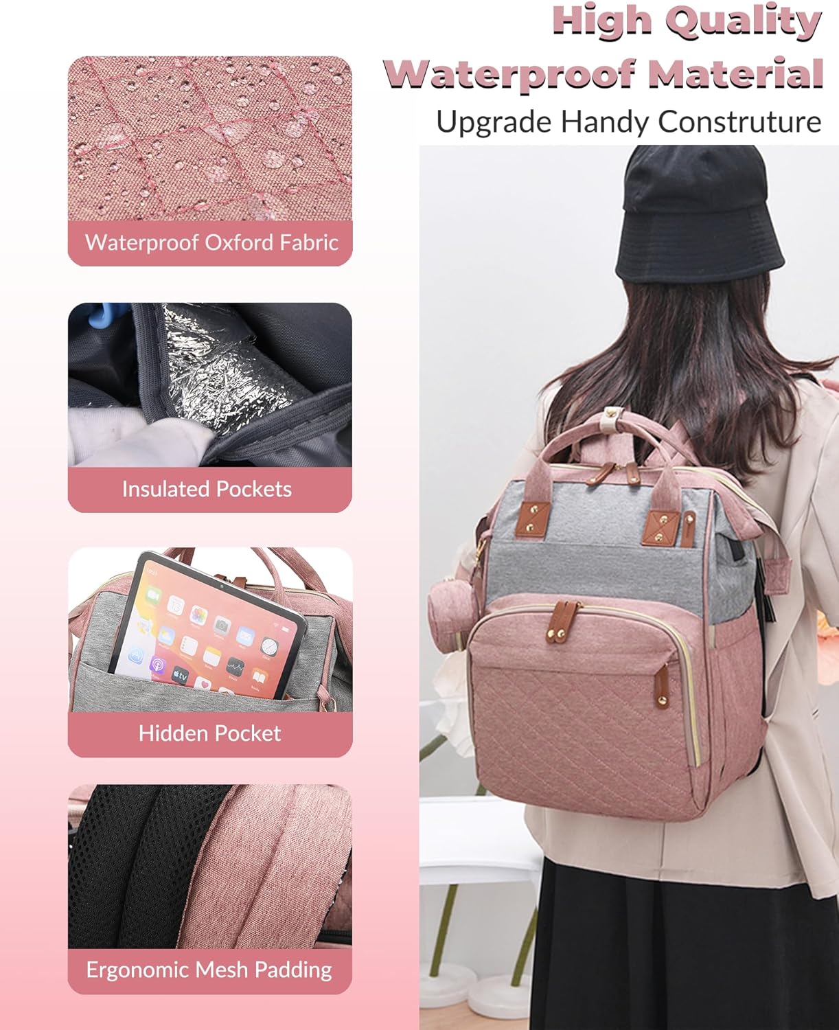 Luiertas met verschoonstation | 3-in-1 waterdichte rugzak met opvouwbaar kussen roze