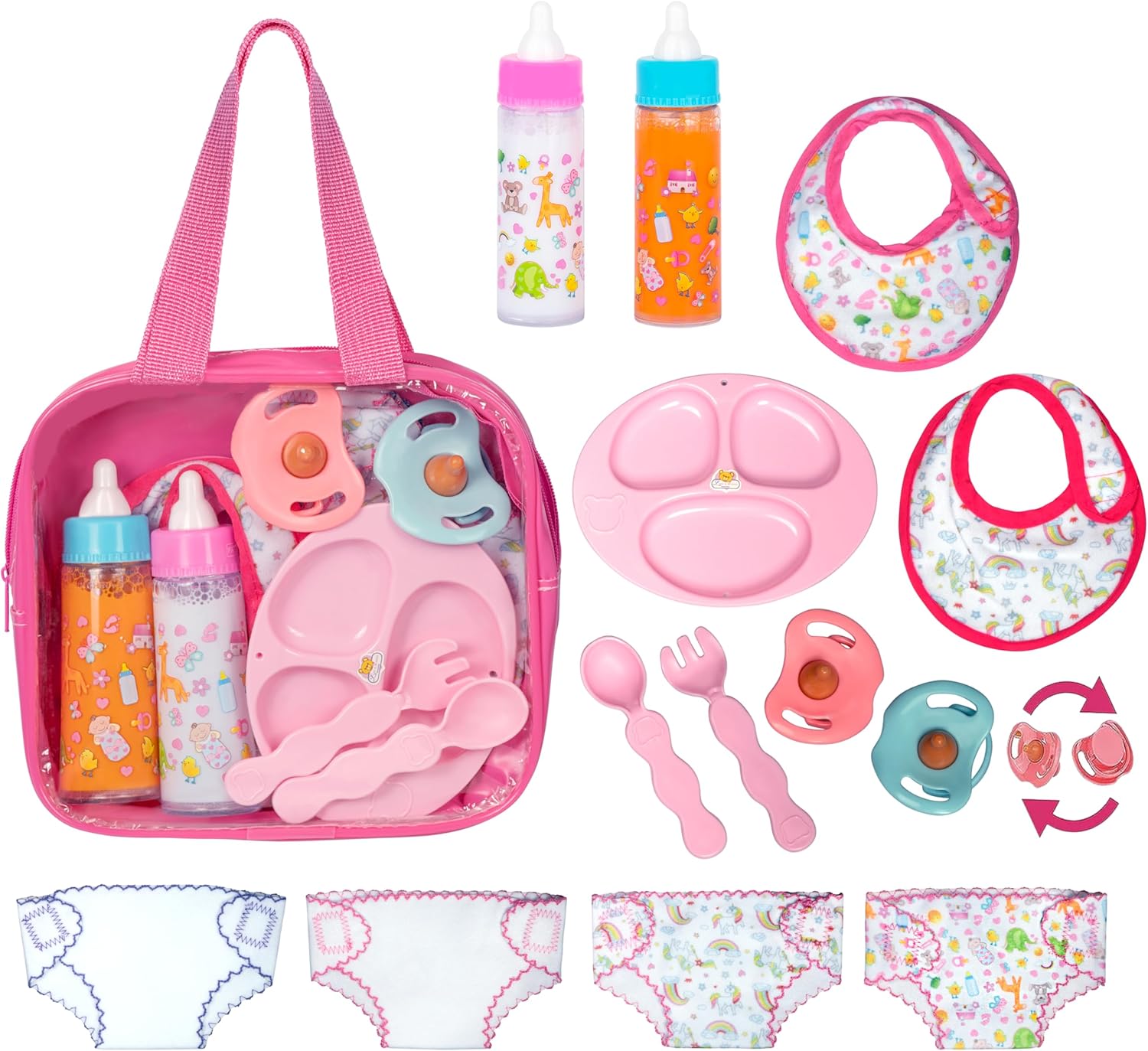 Poppenaccessoire set | Luiertas met 6 accessoires & magische fles voor poppenverzorging