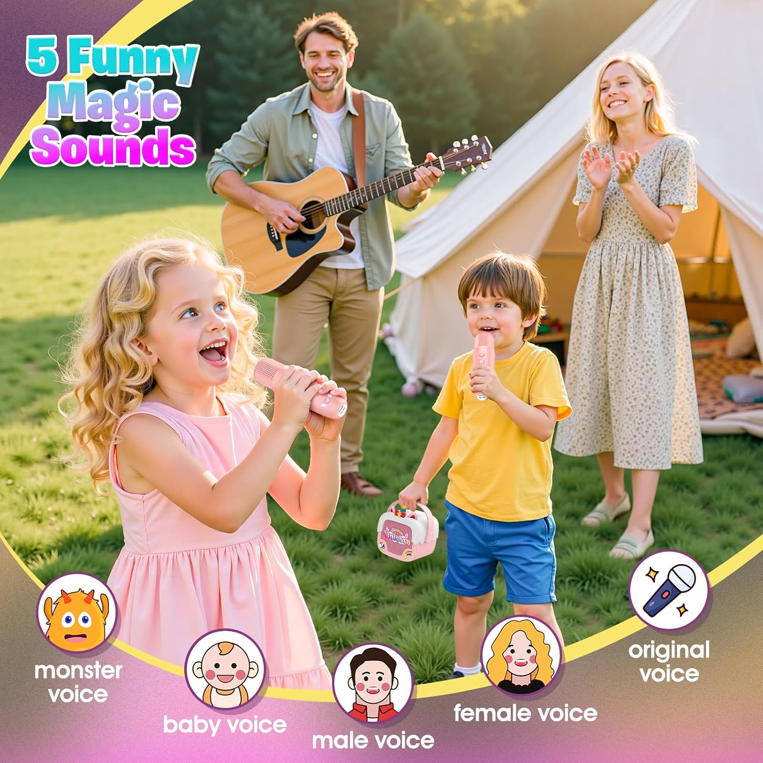 Mini karaoke machine voor kinderen | Draagbare Bluetooth luidspreker met 2 microfoons unicorn design