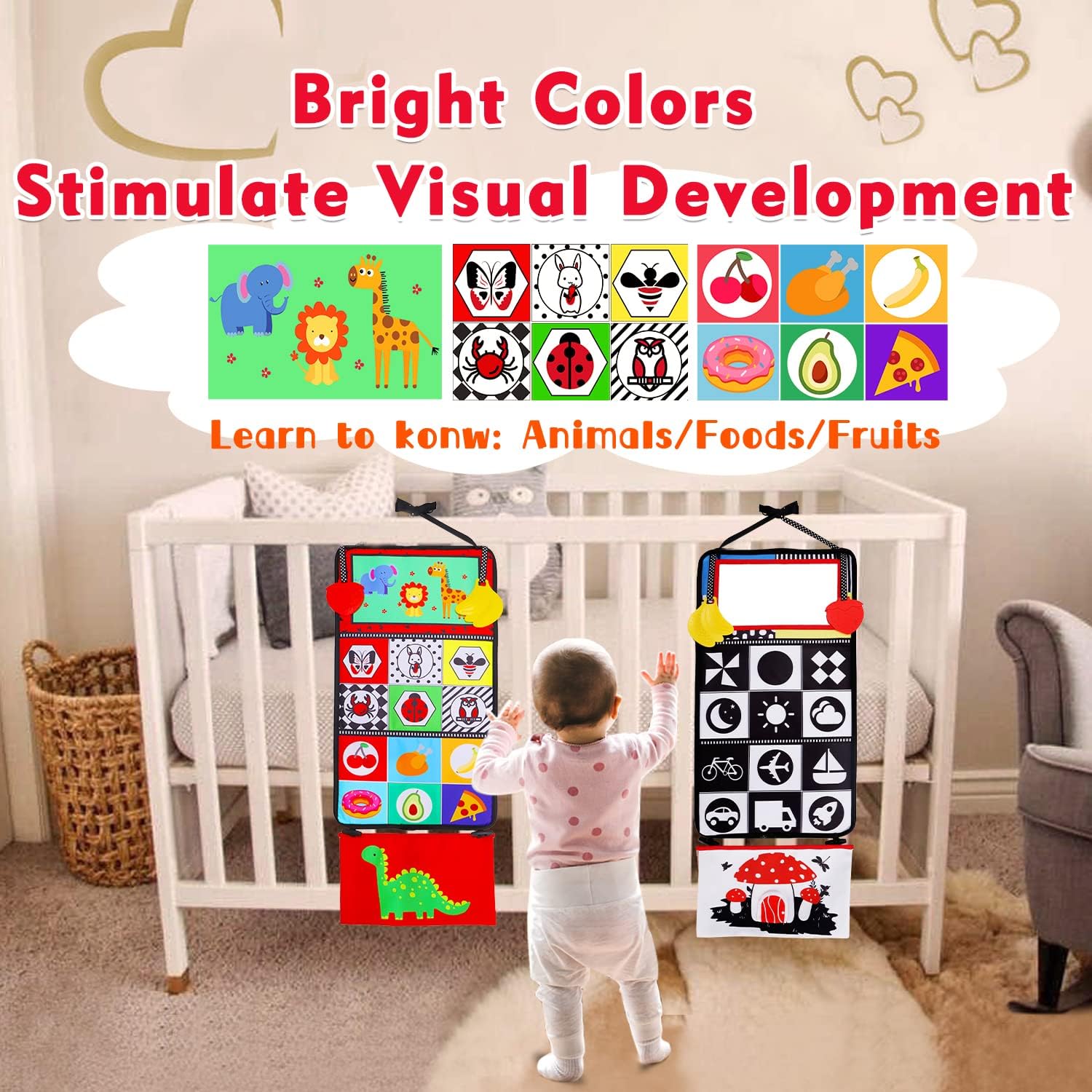 Baby Spiegel Montessori Speelgoed | Knisper Boek en Bijtring Zwart-Wit Hoog Contrast Zintuiglijk Educatief Speelgoed 4-6-9-12 Maanden