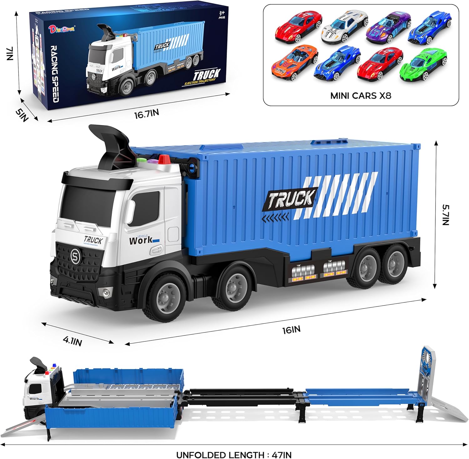 3-Laags Racebaan Truck | 8 Mini Auto’s + Vrachtwagen | Opvouwbaar Speelset | 3–6 Jaar