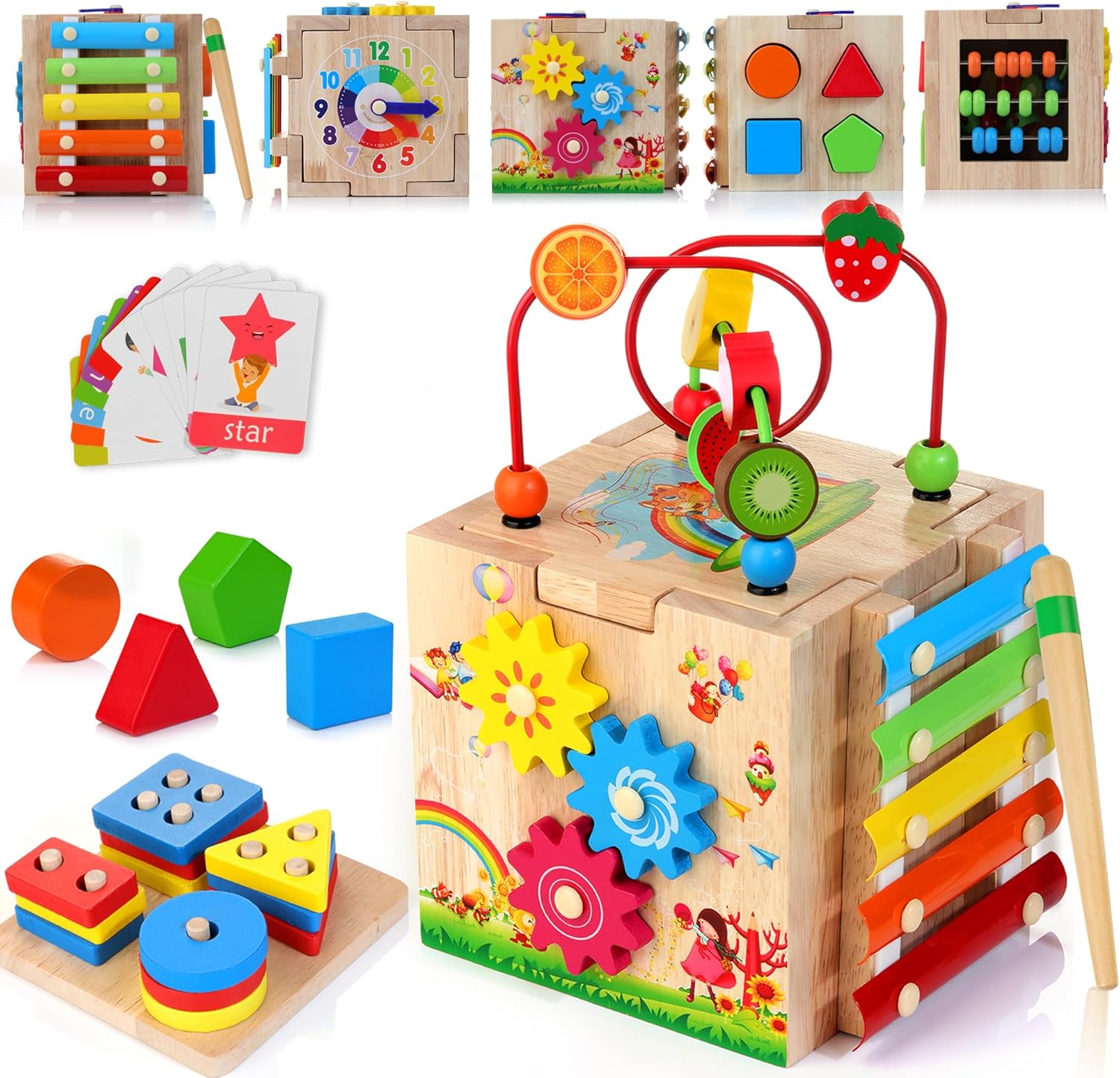 8-in-1 Houten Baby Activiteitenkubus | Montessori Leer Speelgoed 1-3 Jaar | Perfect Eerste Verjaardagscadeau