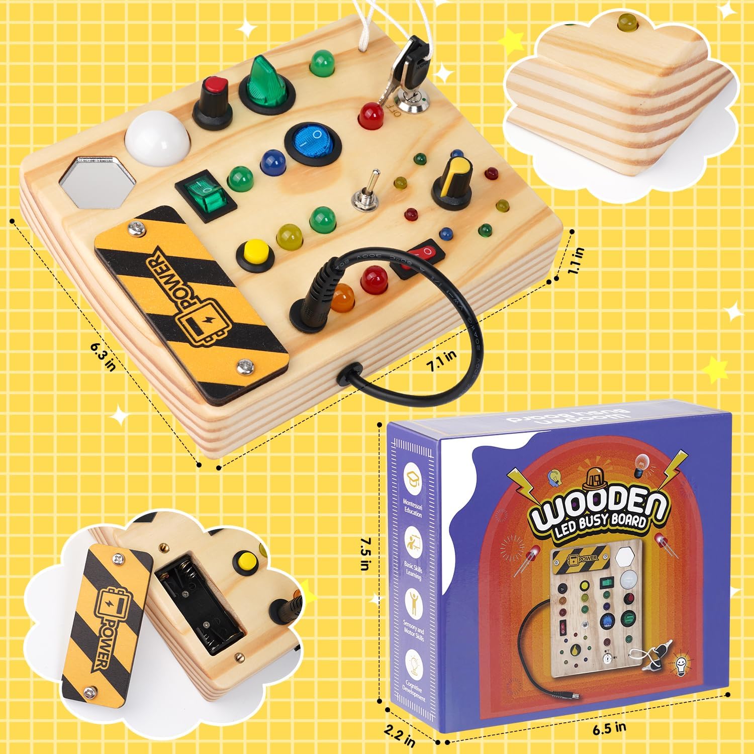 Montessori Peuter Drukbord Kinderen | Houten Sensorisch 27 LED Lampen l Educatief Speelgoed voor 1-6 Jaar Oud