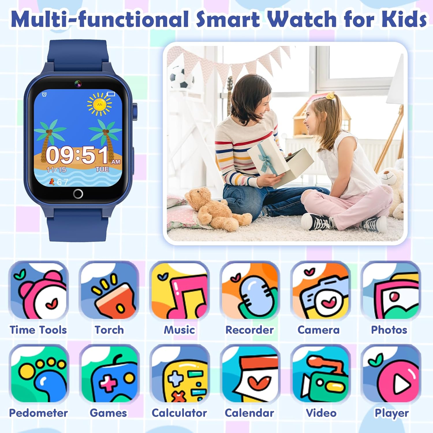Slim Horloge voor Kinderen 26 puzzelspellen, touchscreen, HD-camera en wekker | Interactief speelgoed voor kinderen van 4-12 jaar
