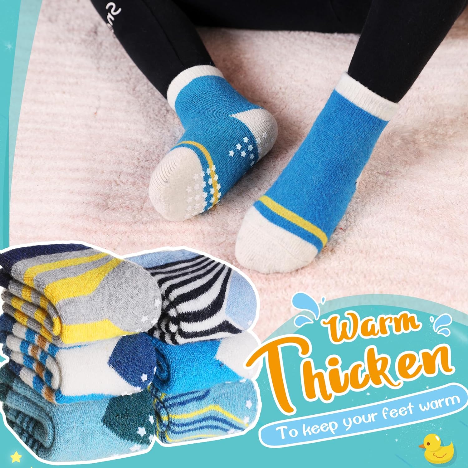 6 Paar Babywol Sokken met Grip | Zachte, warme, dikke antislip wintersokken voor peuters, uniseks