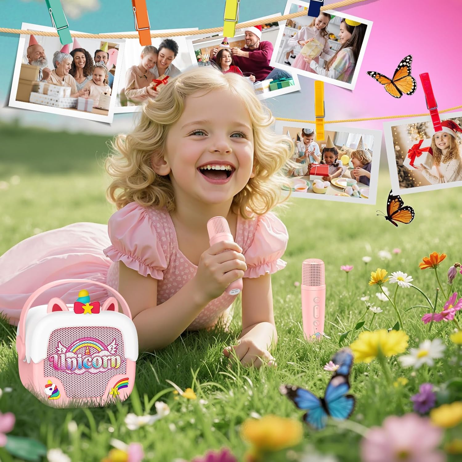 Mini karaoke machine voor kinderen | Draagbare Bluetooth luidspreker met 2 microfoons unicorn design