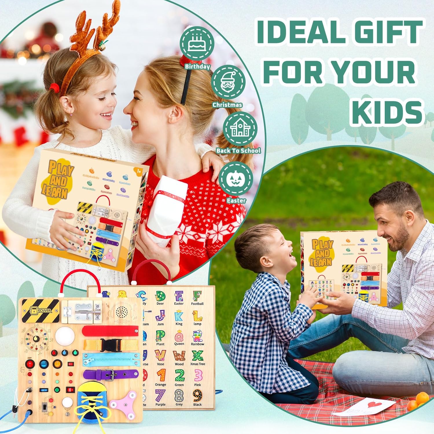 Houten Montessori Busy Board voor Peuters vanaf 1 Jaar - Educatief Activiteitenbord met LED Lichtjes en Schakelaars voor Baby, Jongens en Meisjes - Sensorisch Reisspeelgoed voor Kinderen