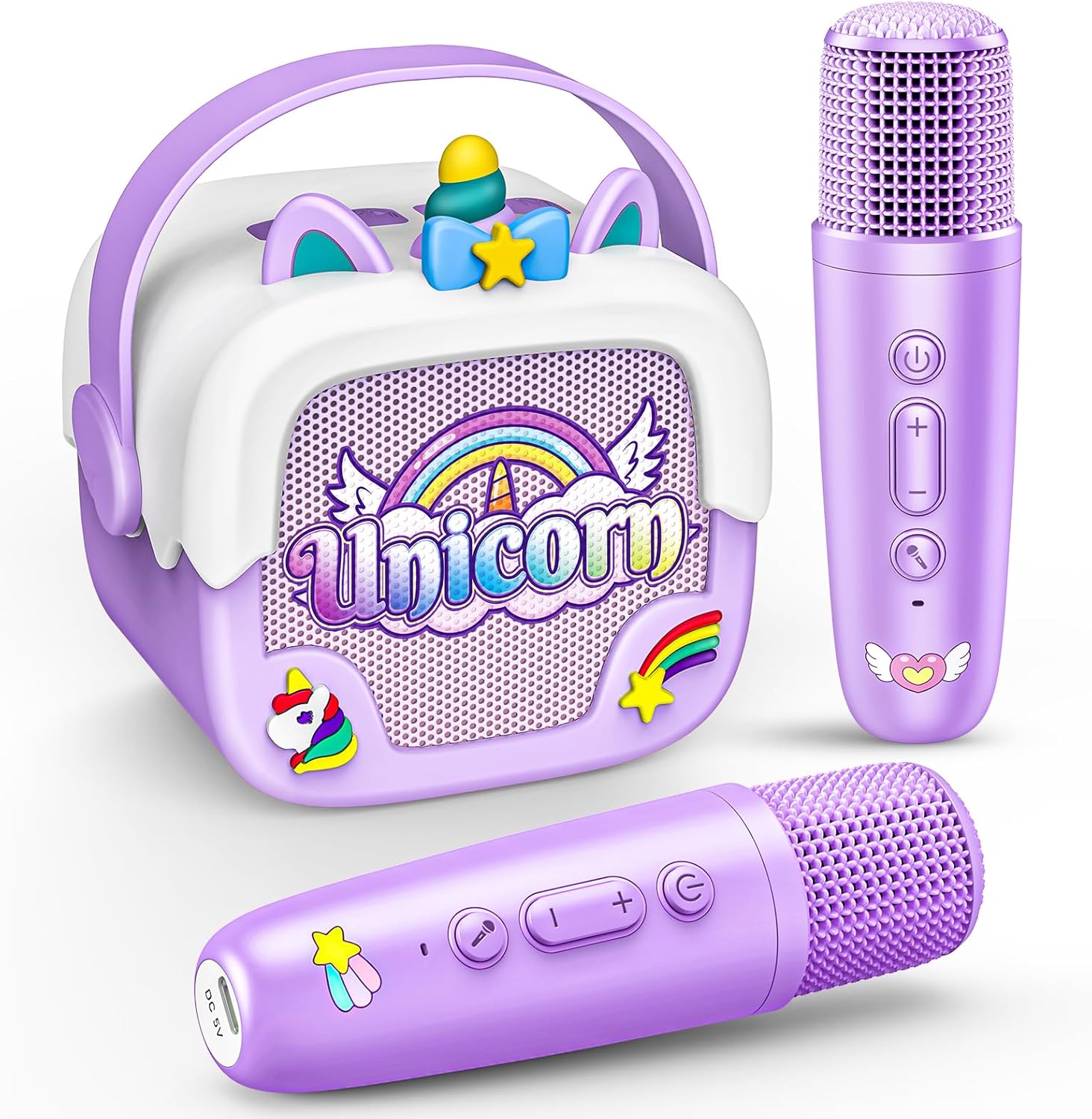 Mini karaoke machine voor kinderen | Draagbare Bluetooth luidspreker met 2 microfoons unicorn design