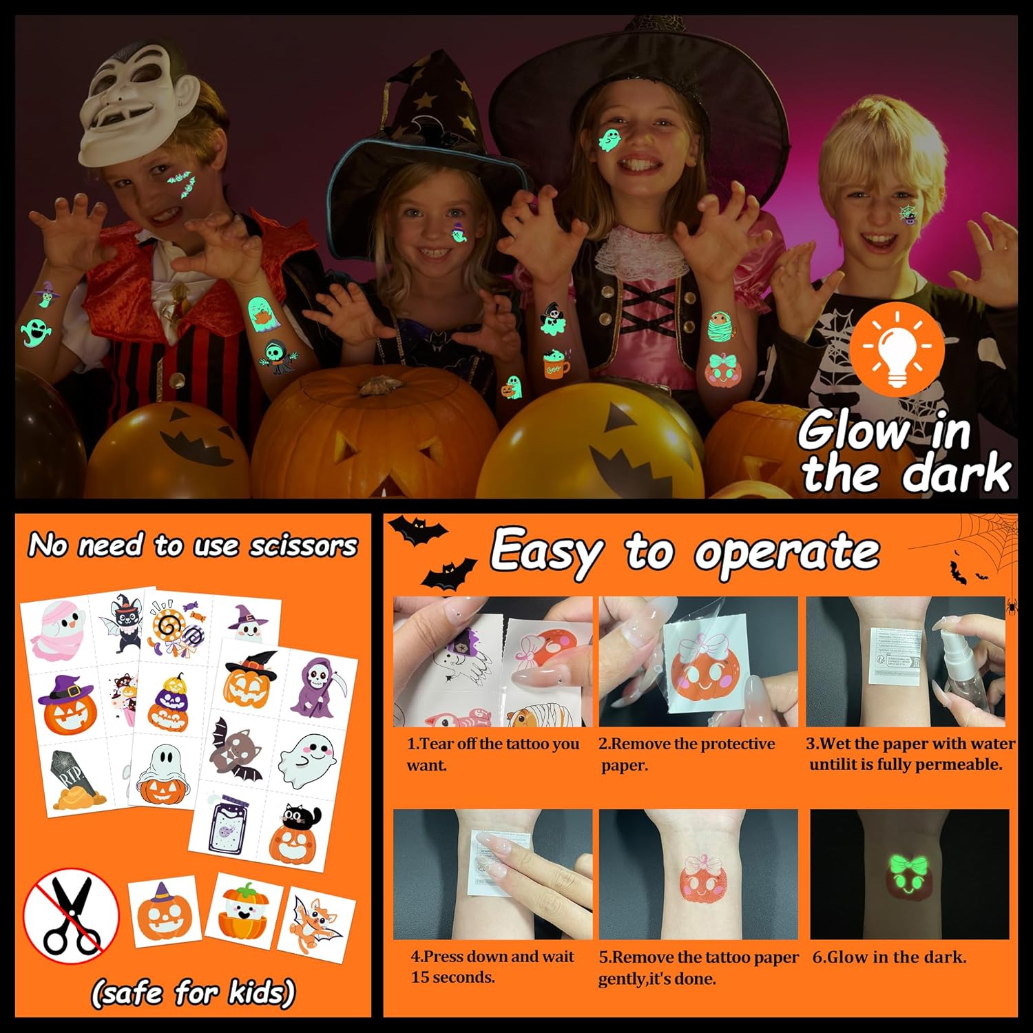 216 stuks Halloween tattoos kinderen | Glow in the dark tijdelijke tattoos