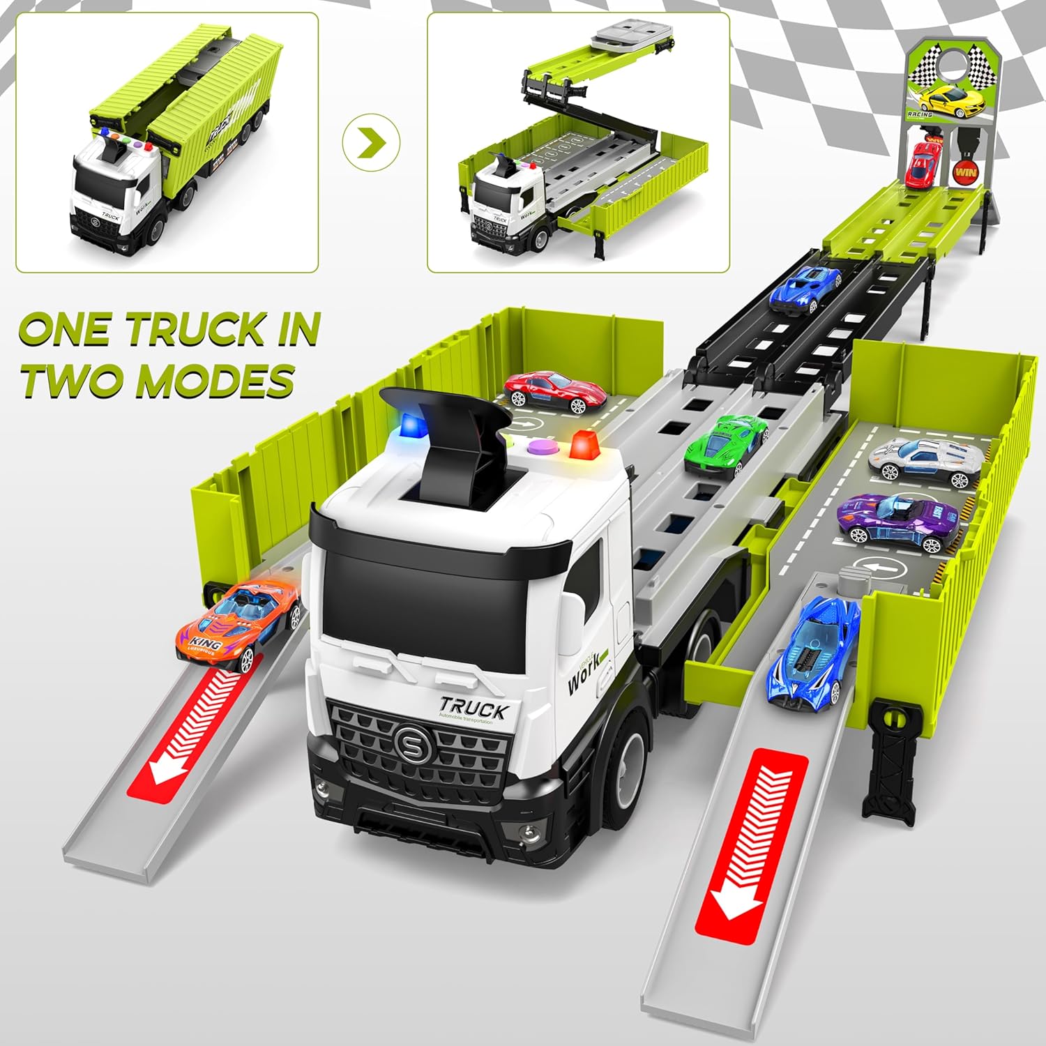 3-Laags Racebaan Truck | 8 Mini Auto’s + Vrachtwagen | Opvouwbaar Speelset | 3–6 Jaar