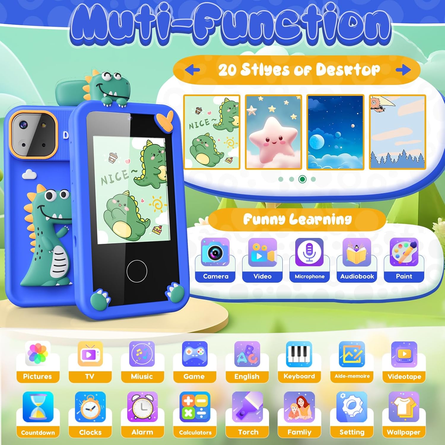 Dino Smartphone Speelgoed | Mini Smartphone met 16 Educatieve Spelletjes en Dubbele Camera voor Kinderen van 3-9 Jaar