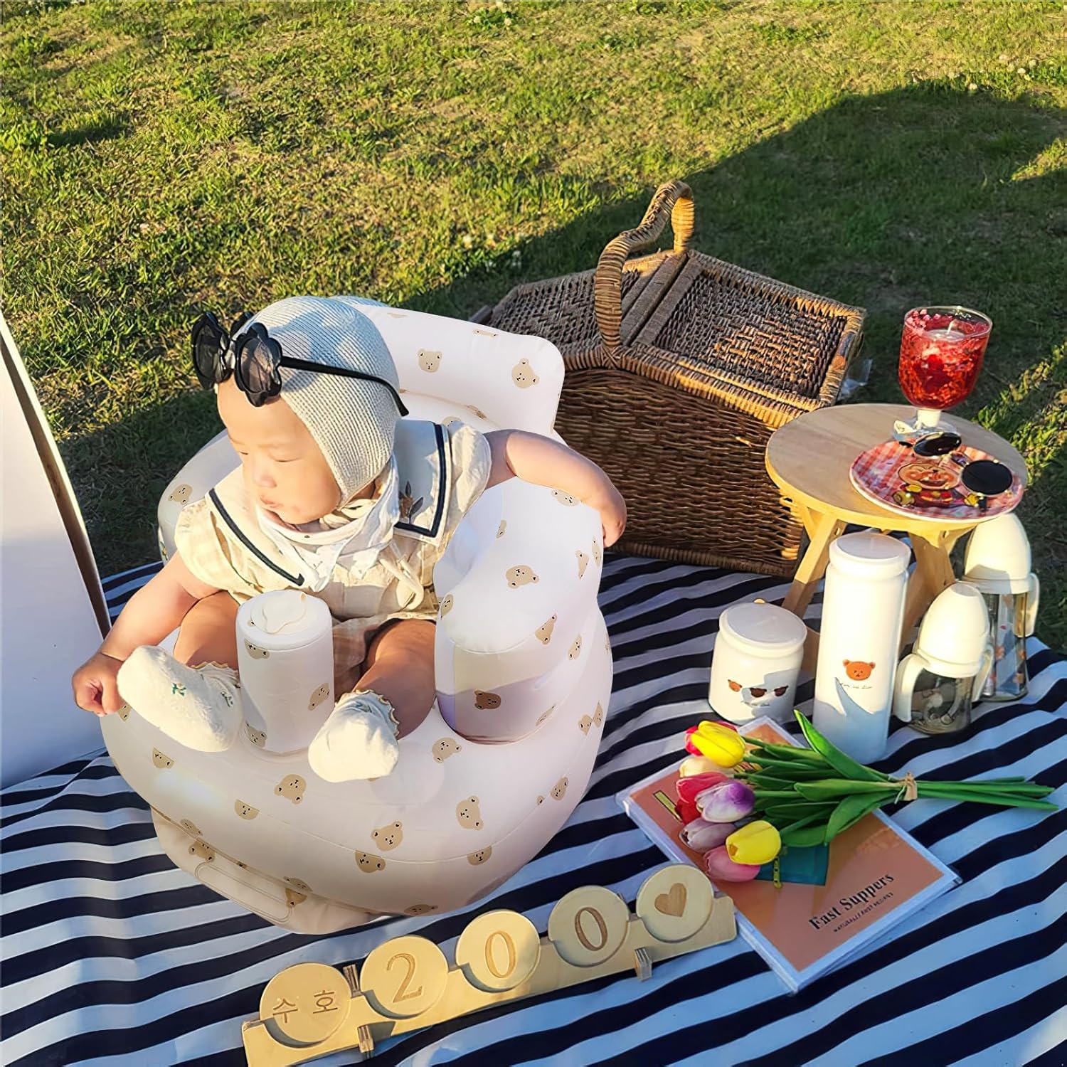 Opblaasbaar babyzitje voor baby's vanaf 3 maanden l met ingebouwde luchtpomp - Beer Patroon