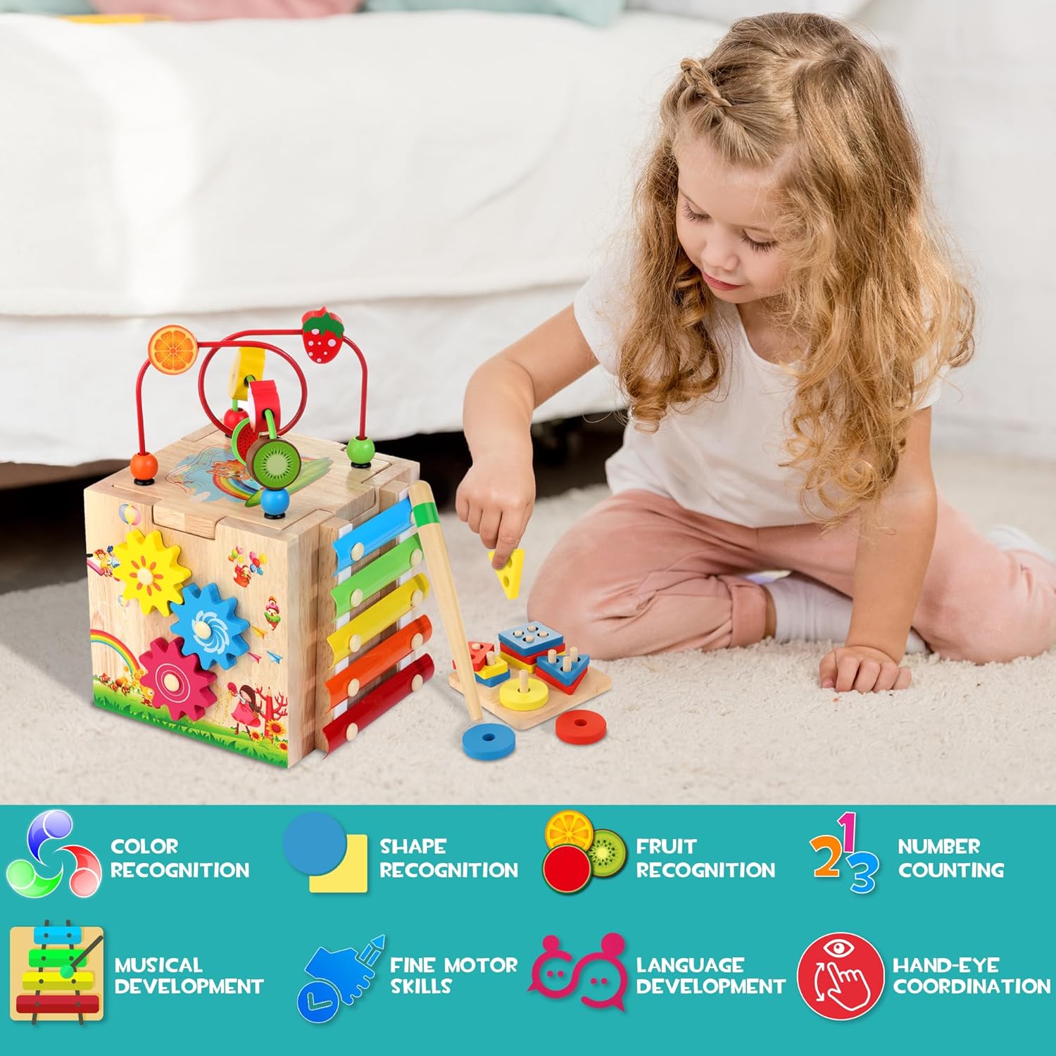 8-in-1 Houten Baby Activiteitenkubus | Montessori Leer Speelgoed 1-3 Jaar | Perfect Eerste Verjaardagscadeau