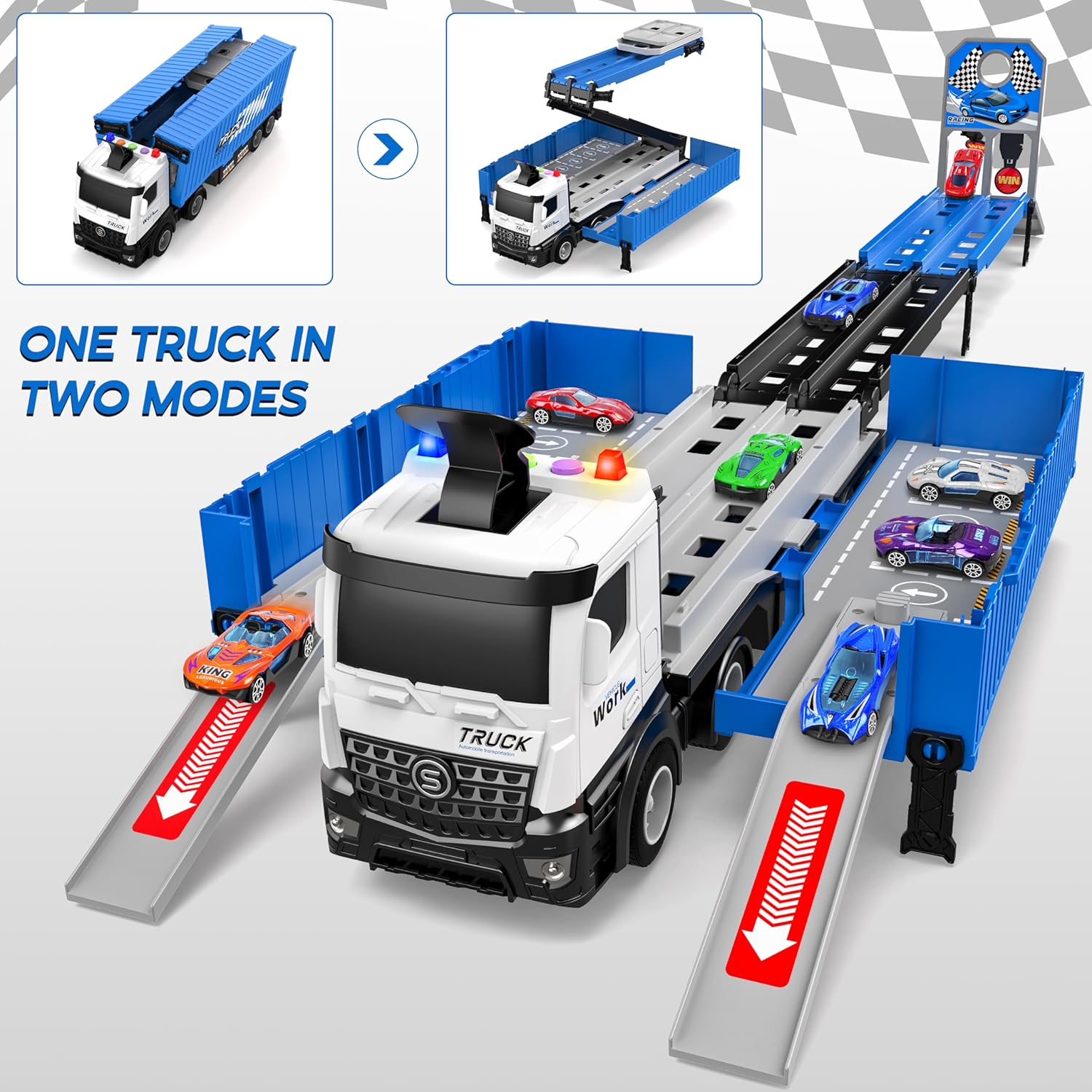 3-Laags Racebaan Truck | 8 Mini Auto’s + Vrachtwagen | Opvouwbaar Speelset | 3–6 Jaar
