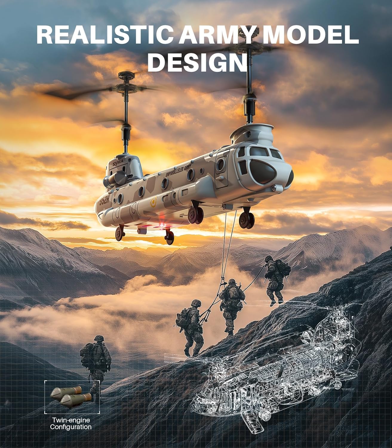 S52H Afstandsbediening Helicopter | Militaire Vervoer met Hoogtevast | LED Verlichting & Één-Knop Oprichting | Perfect voor Kinderen & Militaire Fans