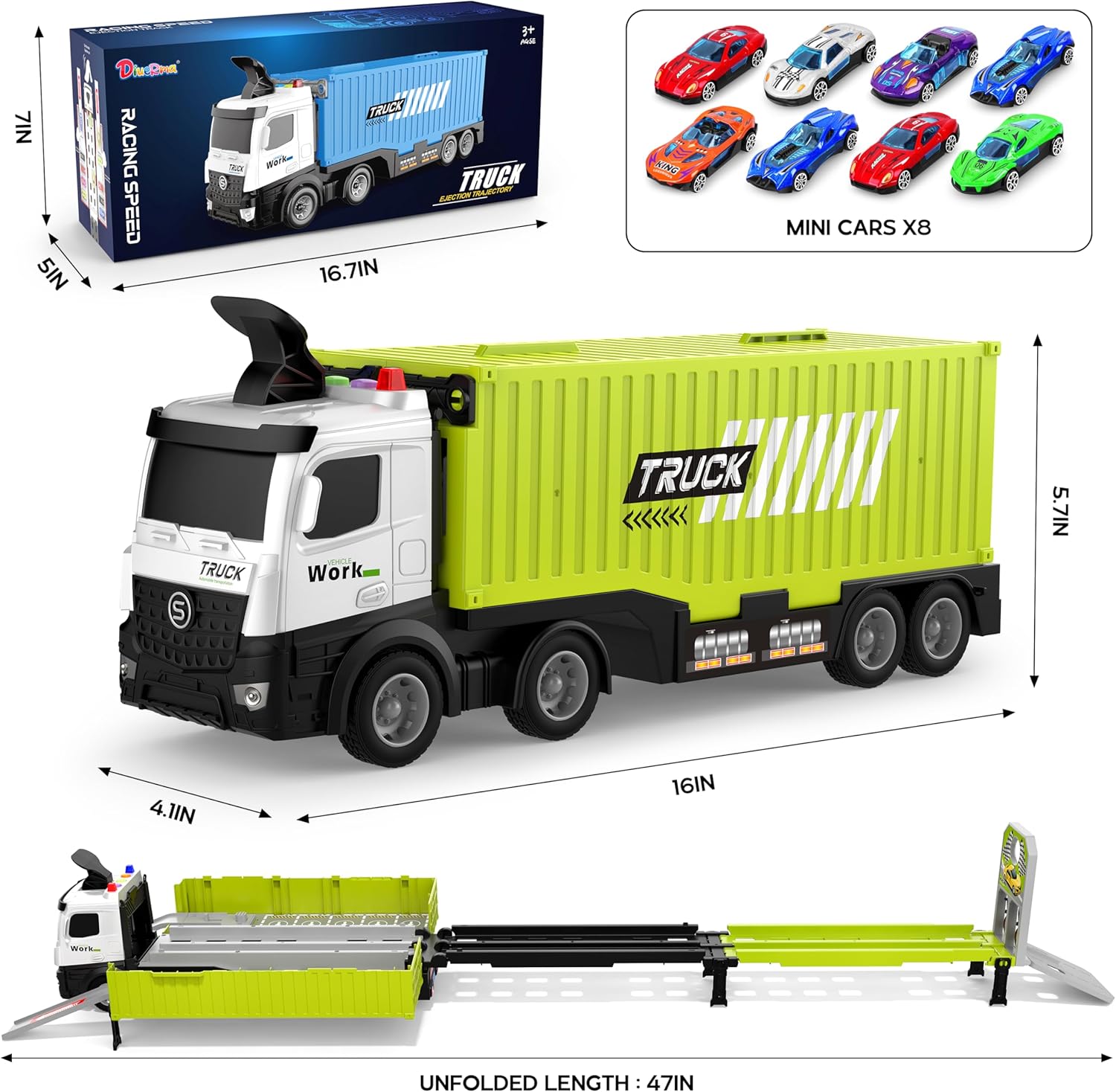 3-Laags Racebaan Truck | 8 Mini Auto’s + Vrachtwagen | Opvouwbaar Speelset | 3–6 Jaar