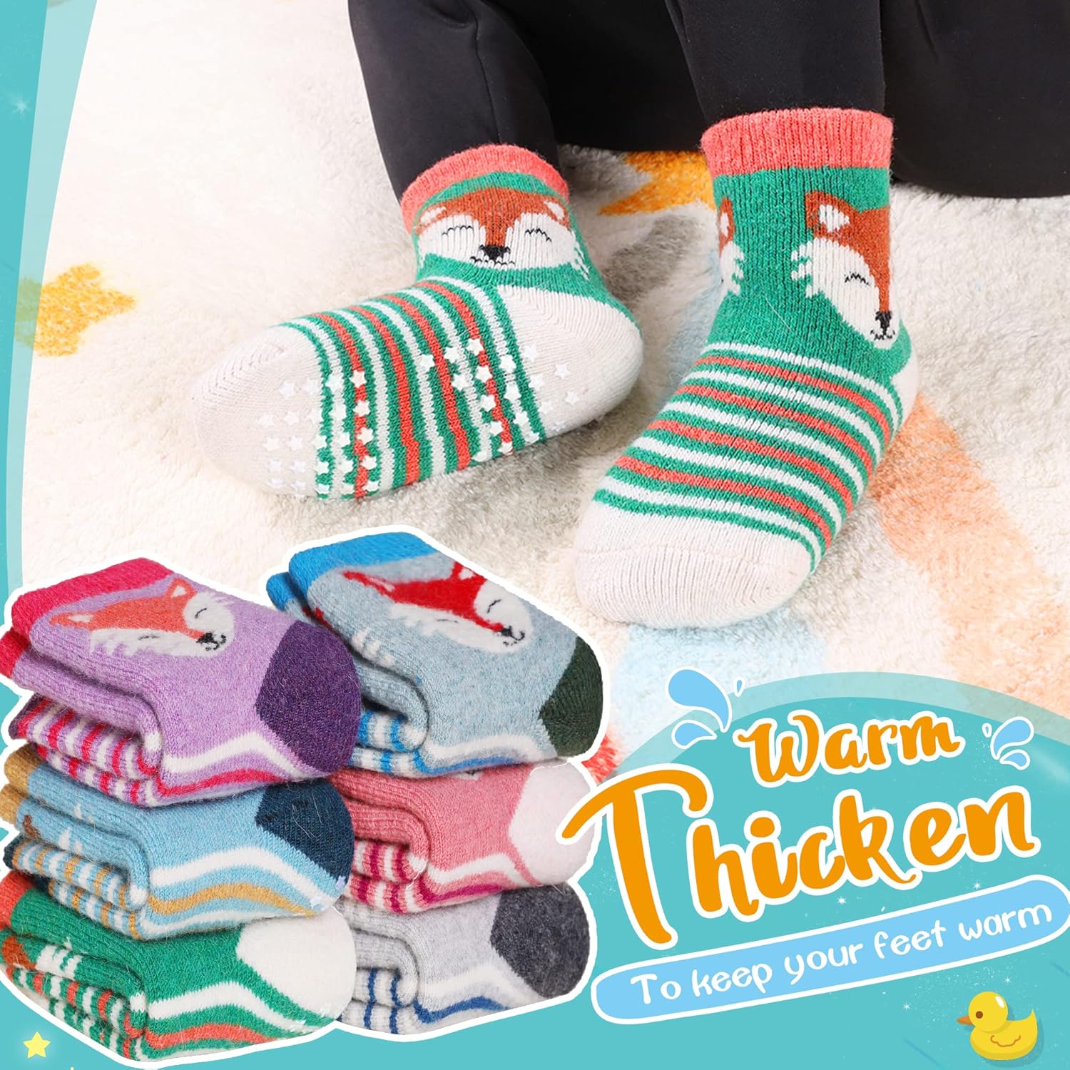 6 Paar Babywol Sokken met Grip | Zachte, warme, dikke antislip wintersokken voor peuters, uniseks