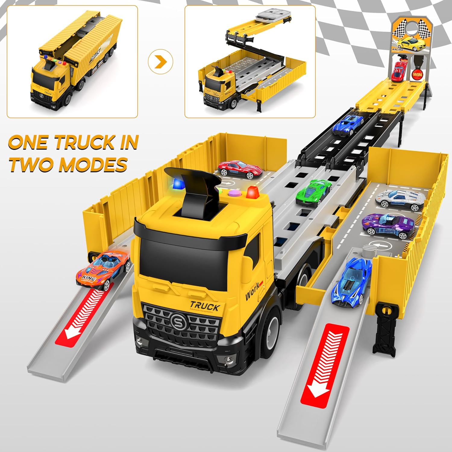 3-Laags Racebaan Truck | 8 Mini Auto’s + Vrachtwagen | Opvouwbaar Speelset | 3–6 Jaar
