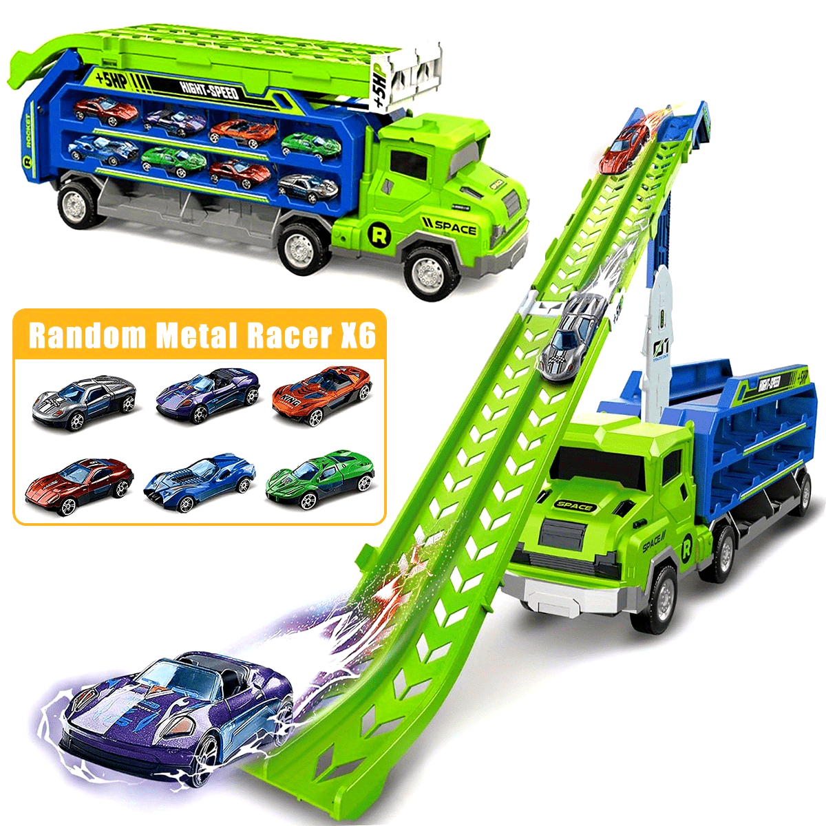Dino Transport Truck & Racebaan Speelgoed | Wrijvingsvoertuig met Uitklapbare Racebaan | Inclusief Auto's | Cadeau voor 3-6 Jaar