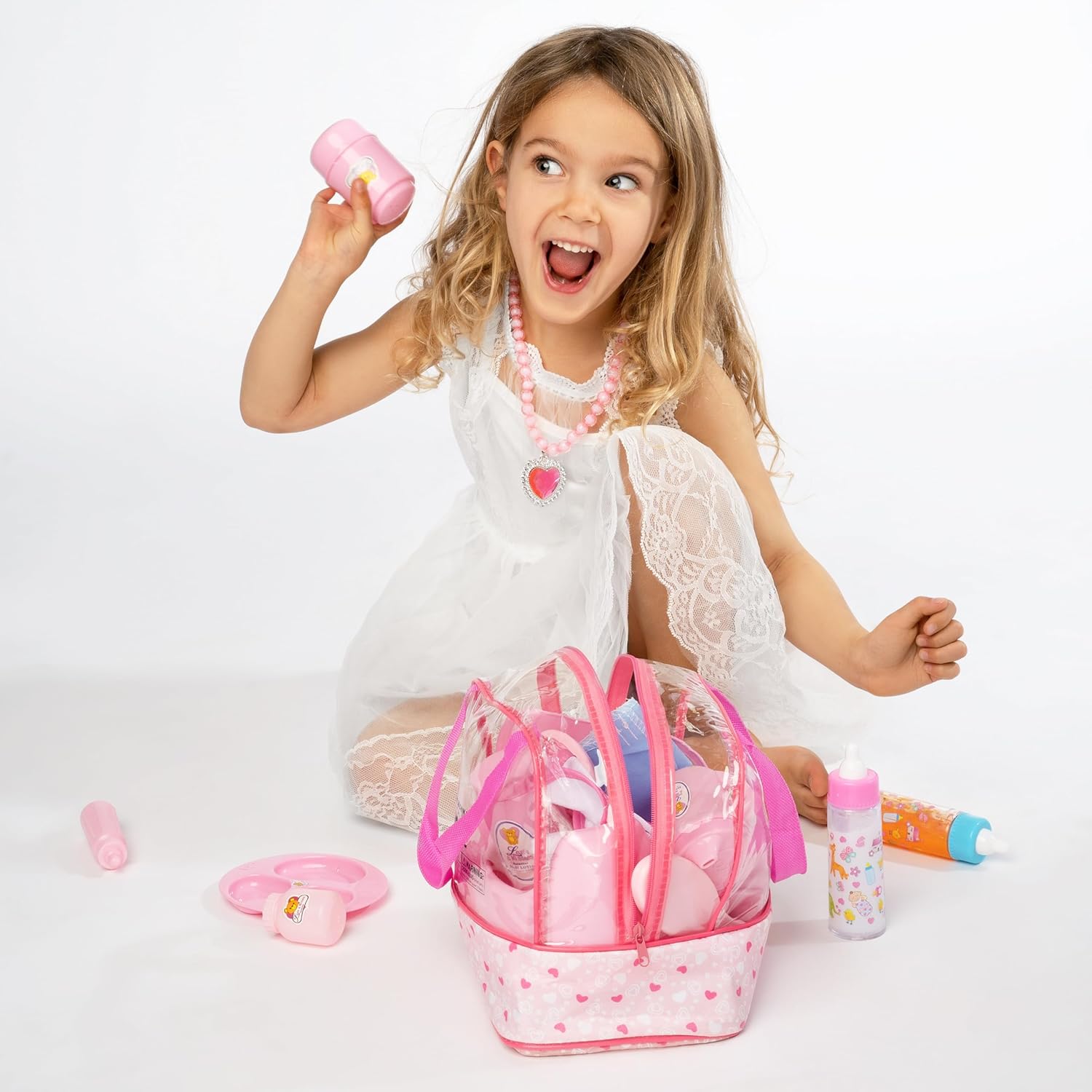 Poppenaccessoire set | Luiertas met 6 accessoires & magische fles voor poppenverzorging
