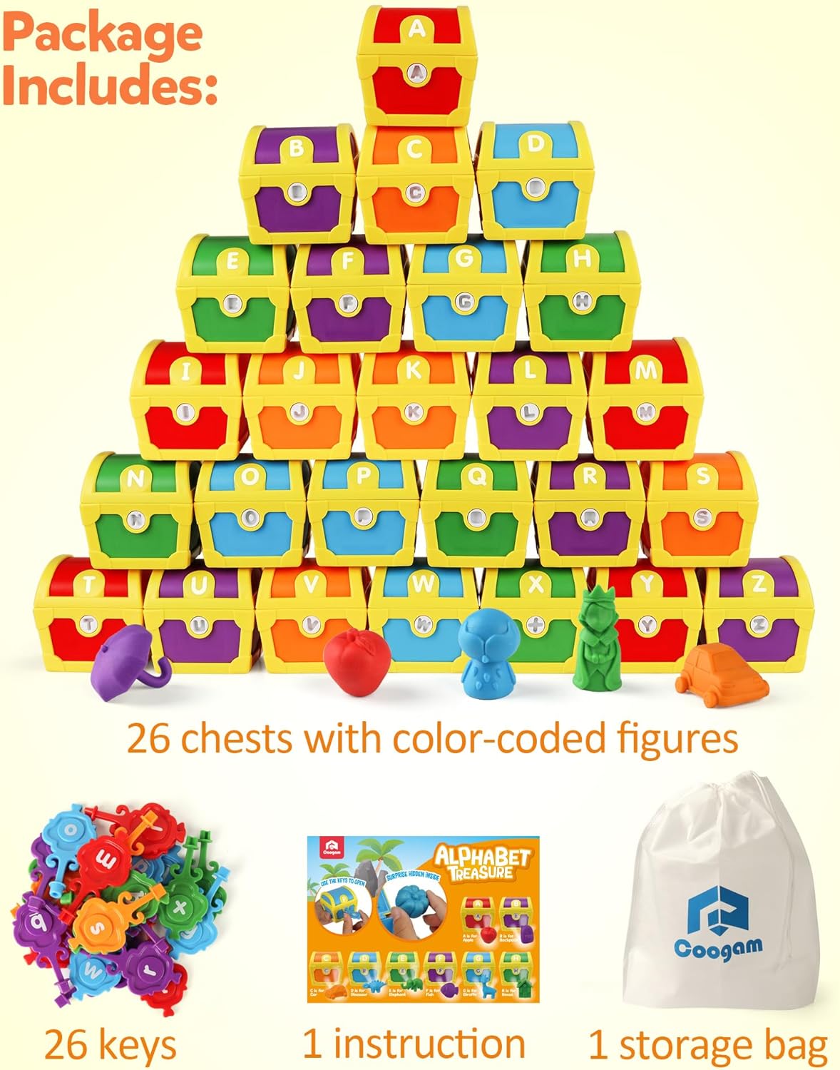 26-delige Alfabet Leerspeelset Schatkist met letters en sleutels | Montessori ABC kleursorteerspel, geschikt voor 3, 4 en 5 jaar
