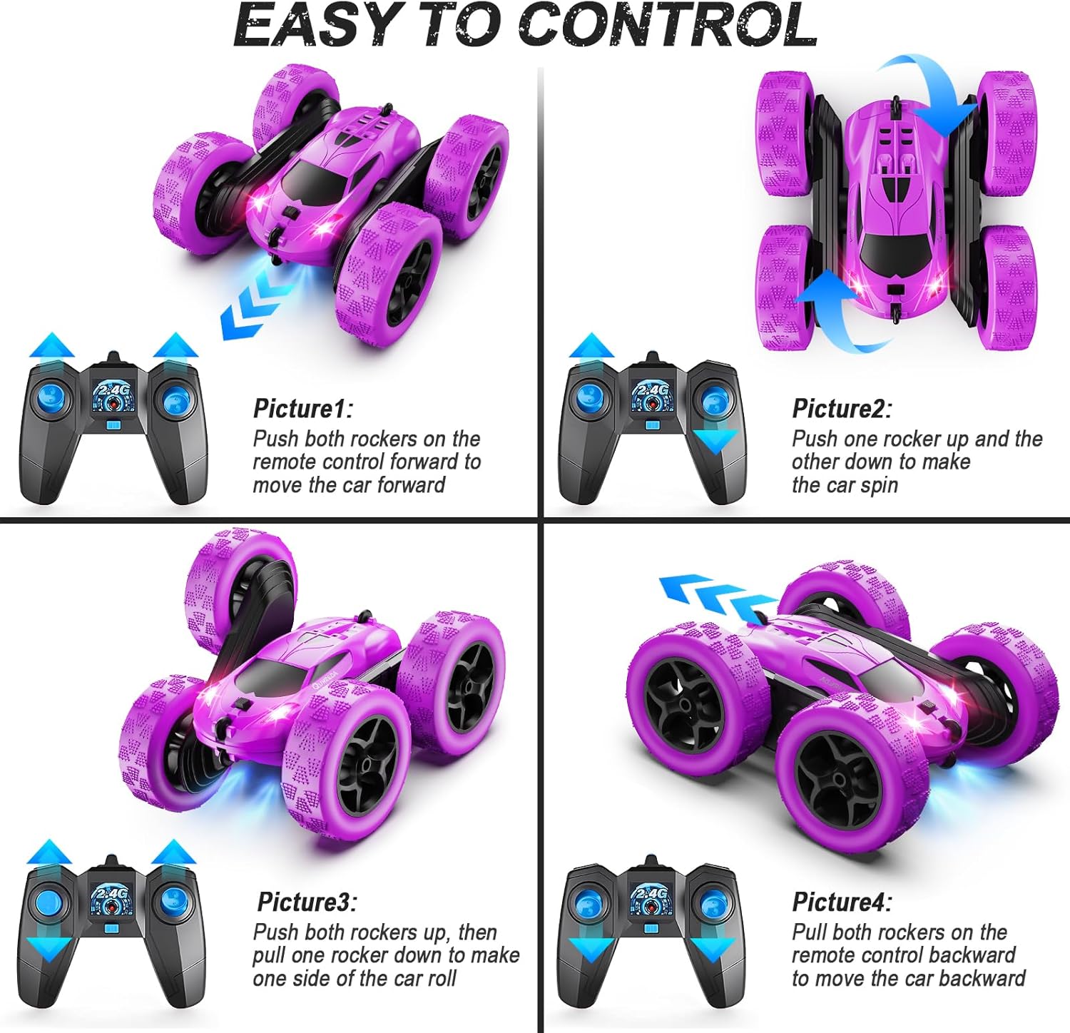 RC Auto 4WD Stuntauto | Afstandsbediening Auto met LED & 360° Flips | USB-C Oplaadbare Baterijen | Cadeau 6-12 Jaar