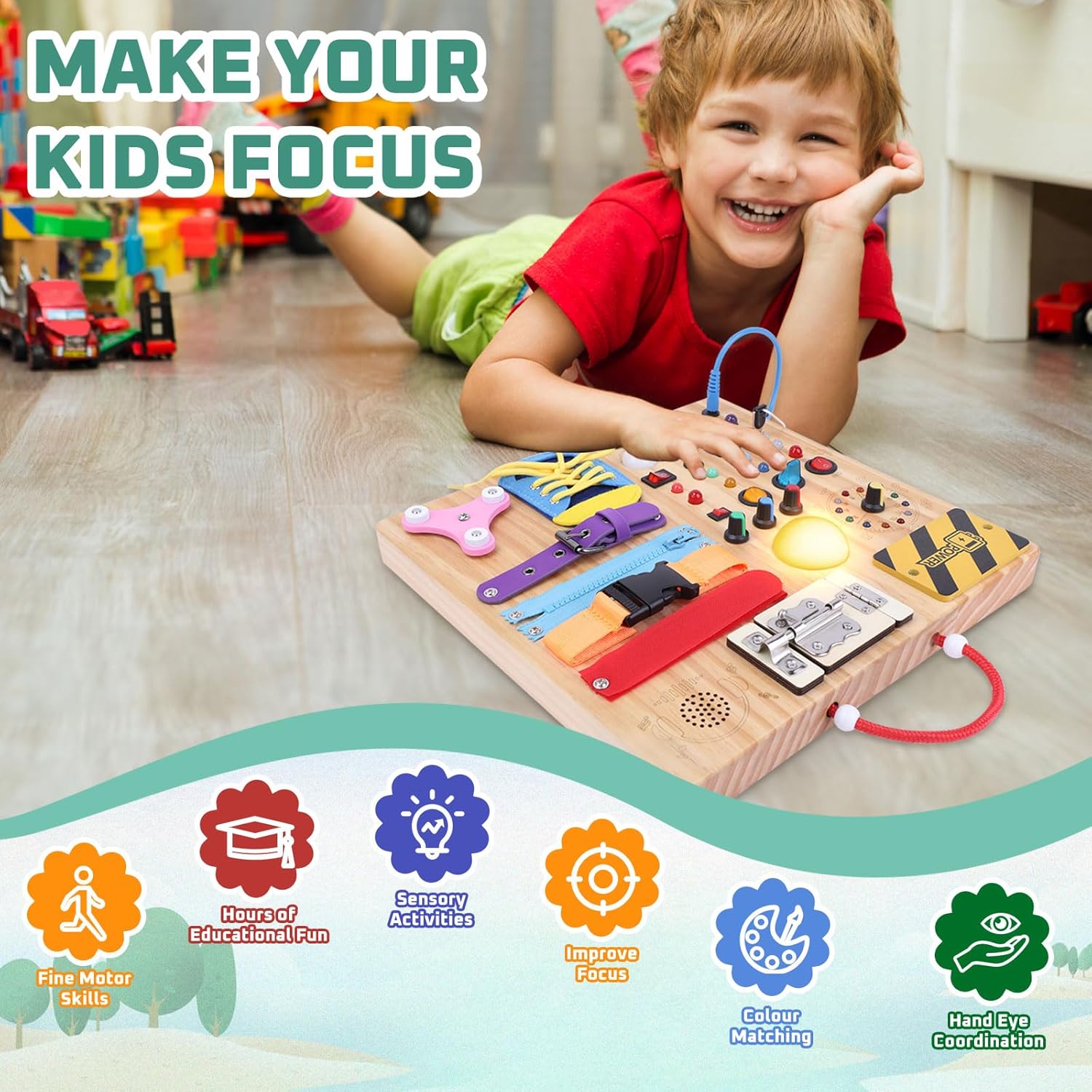 Houten Montessori Busy Board voor Peuters vanaf 1 Jaar - Educatief Activiteitenbord met LED Lichtjes en Schakelaars voor Baby, Jongens en Meisjes - Sensorisch Reisspeelgoed voor Kinderen