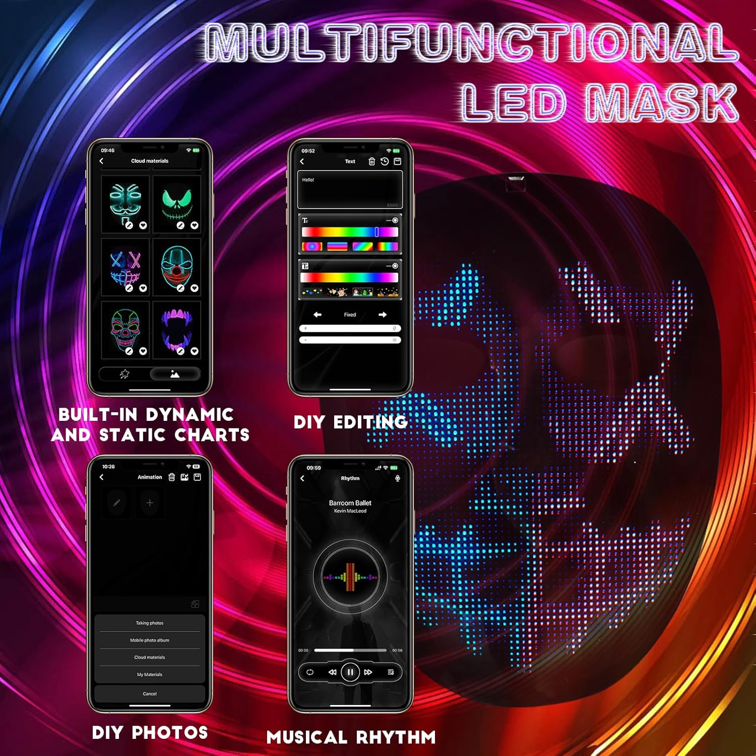 LED masker met gebarenbediening | Lichtgevend masker voor cosplay & feest