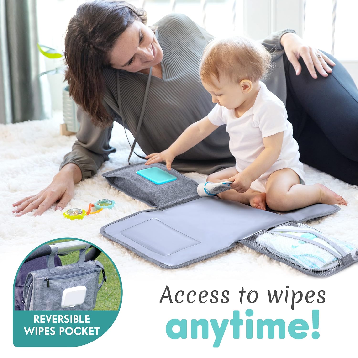 Draagbaar verschoningsmatje|Luiertas met aankleedmat en doekjesvak grijs