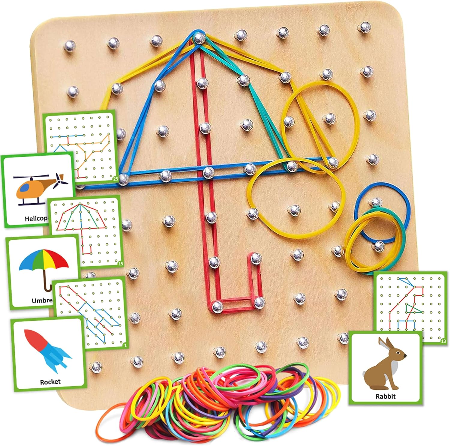 Montessori Geobord Houten Educatief Speelgoed | 30 Patroonkaarten & 40 Elastieken | STEM Spel