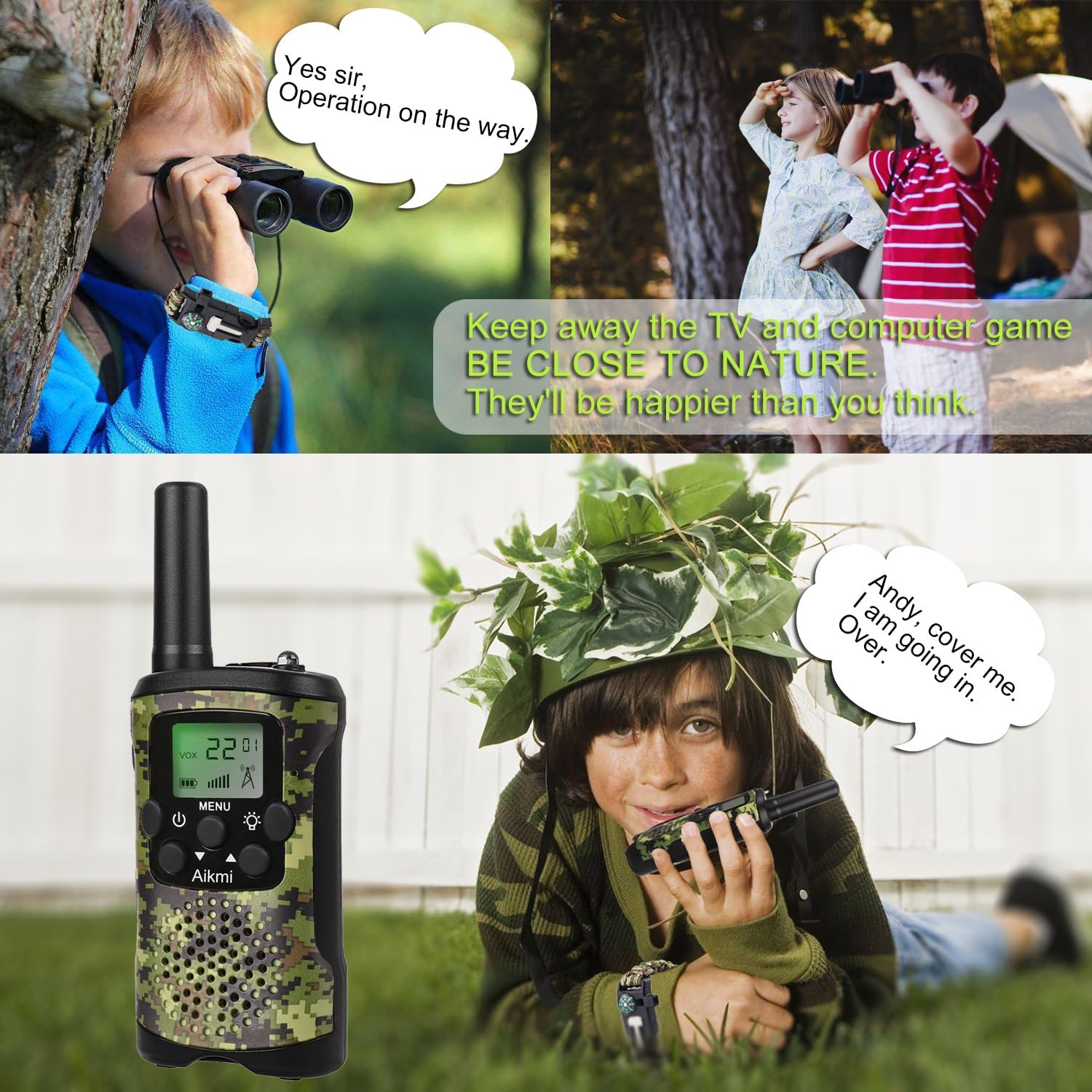 Kinderen Walkie Talkies | 22 Kanalen | 3 Mile Bereik | Duurzaam | Groene Camouflage | 6+ Jaar