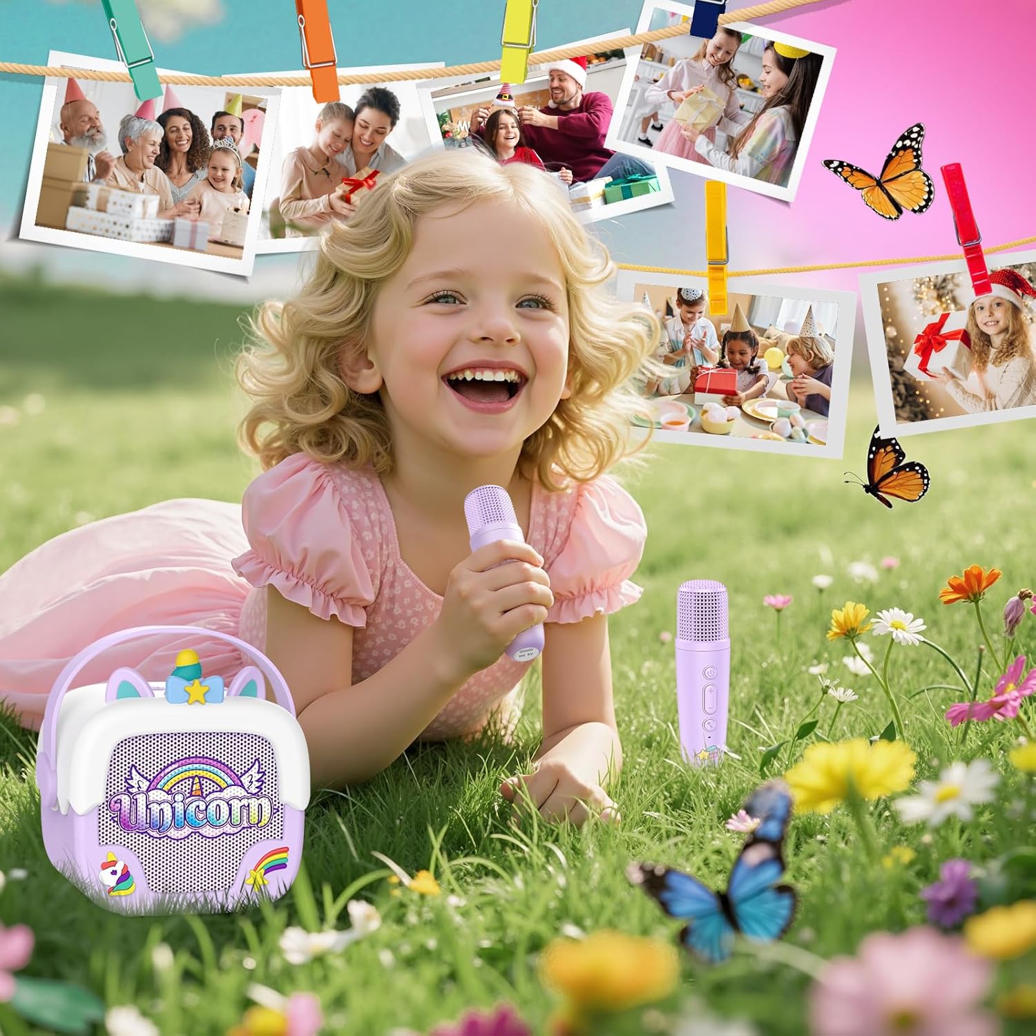 Mini karaoke machine voor kinderen | Draagbare Bluetooth luidspreker met 2 microfoons unicorn design