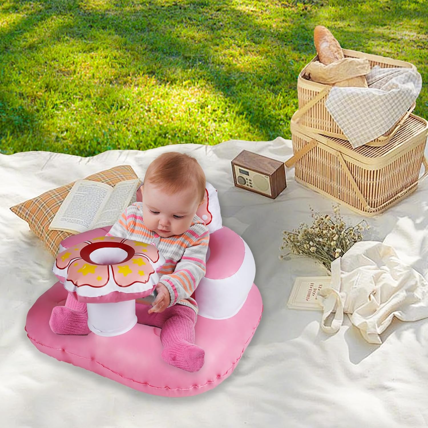 Multi-Functionele Opblaasbare Baby Zitstoel | Roze Vloerstoel voor Baby's met Ingebouwde Luchtpomp vanaf 6 Maanden