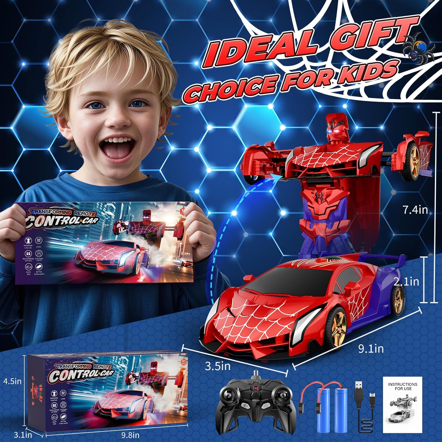 Spider Transform RC Auto | Robot Auto met Lichten, 360° Rotatie, Cadeau Jongens 3-12 Jaar