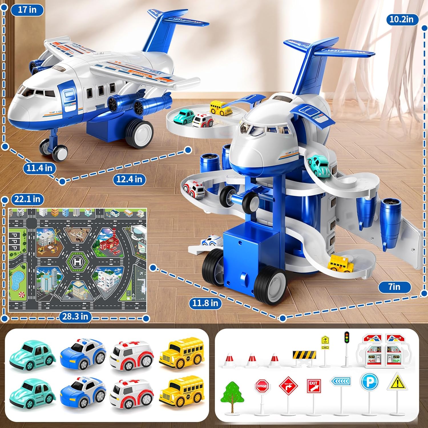 Vliegtuig Speelgoed Racebaan Voor Kinderen 3-7 Jaar, Speelgoedvliegtuig Met 8 Auto's, Garage Parkeerplaats, Autokleed Speelmat, Verjaardagscadeaus Voor Jongens En Meisjes