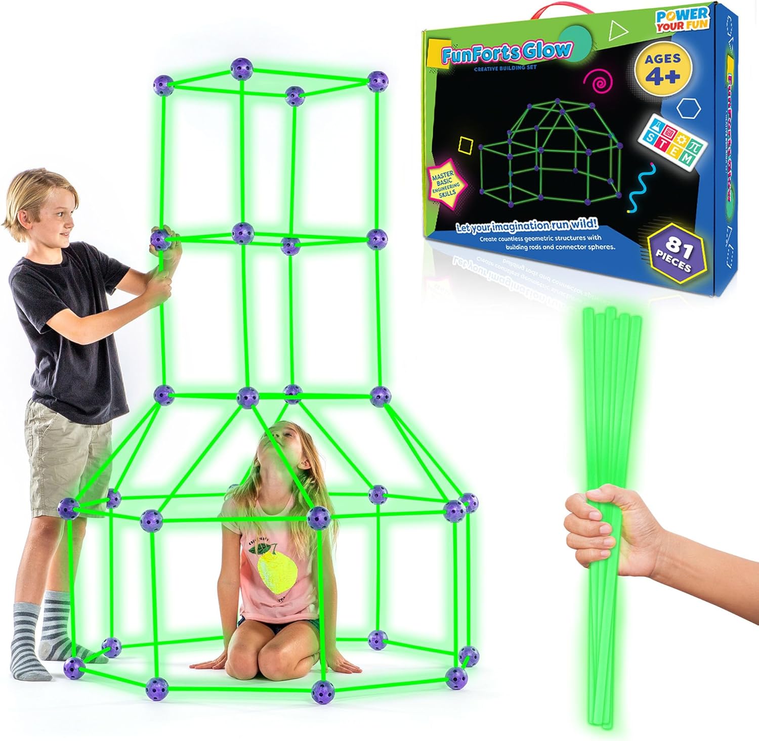 Glow-in-the-Dark Fort Bouwset | STEM Constructiespeelgoed met 81 Stuks | Binnen- & Buitenplezier