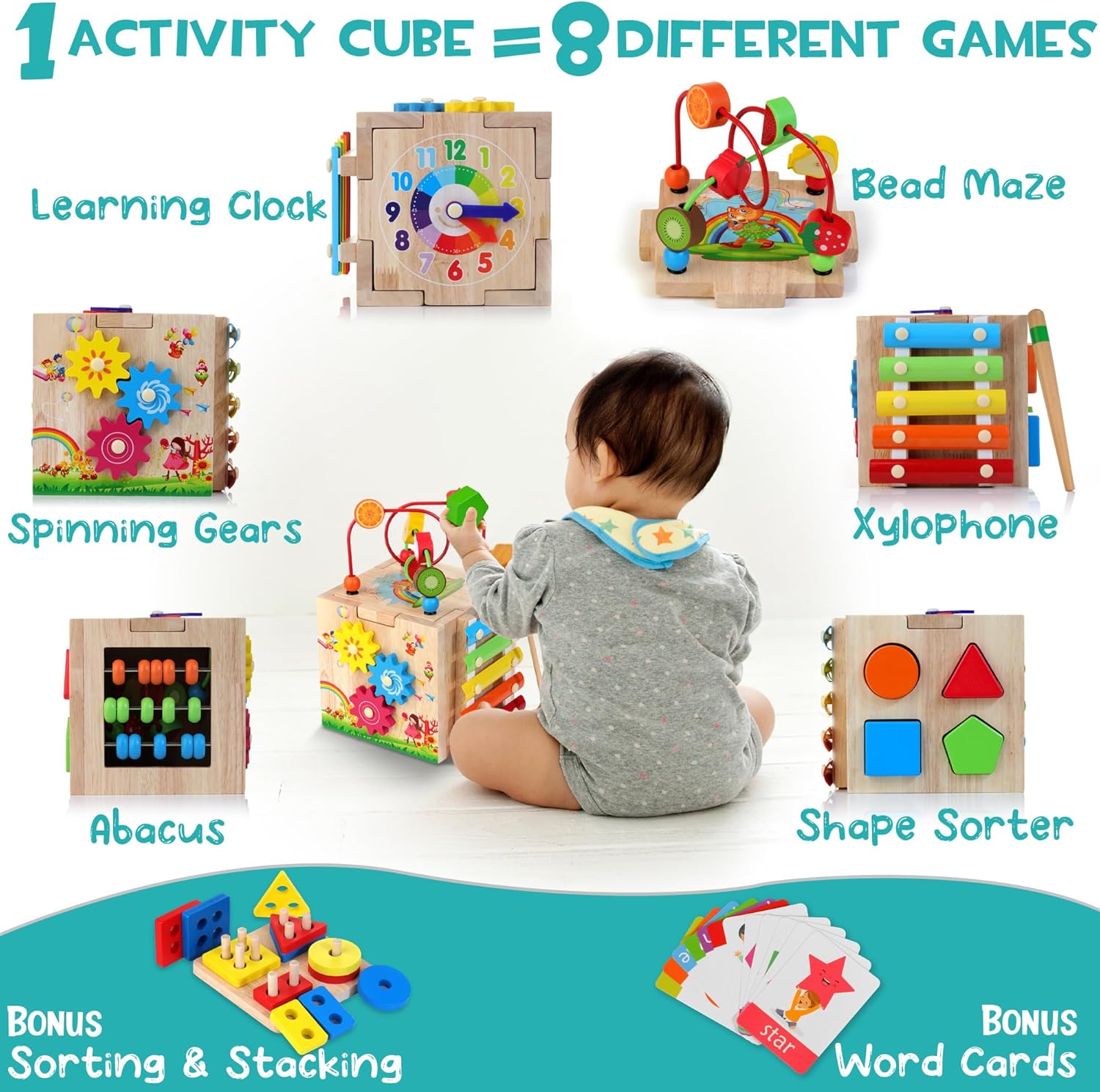 8-in-1 Houten Baby Activiteitenkubus | Montessori Leer Speelgoed 1-3 Jaar | Perfect Eerste Verjaardagscadeau
