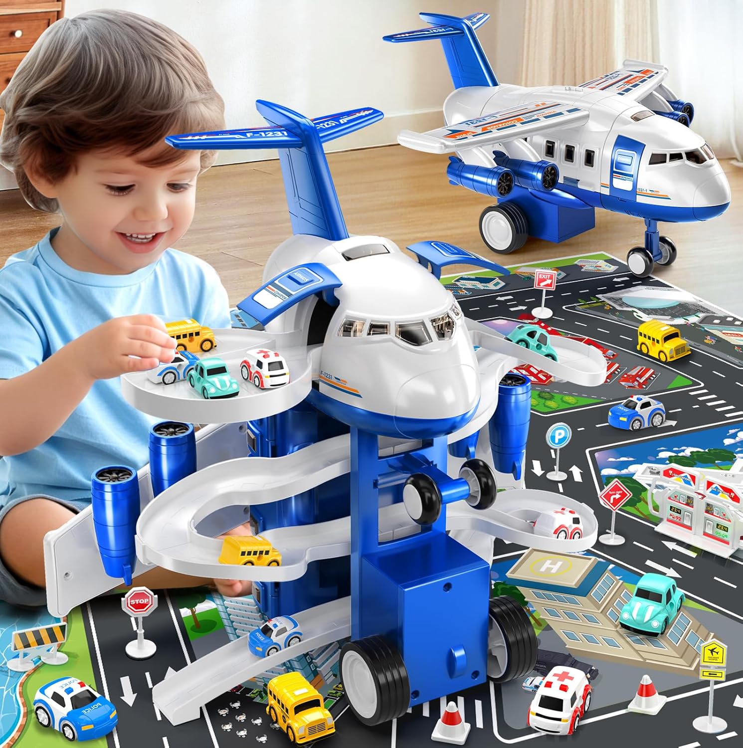 Vliegtuig Speelgoed Racebaan Voor Kinderen 3-7 Jaar, Speelgoedvliegtuig Met 8 Auto's, Garage Parkeerplaats, Autokleed Speelmat, Verjaardagscadeaus Voor Jongens En Meisjes