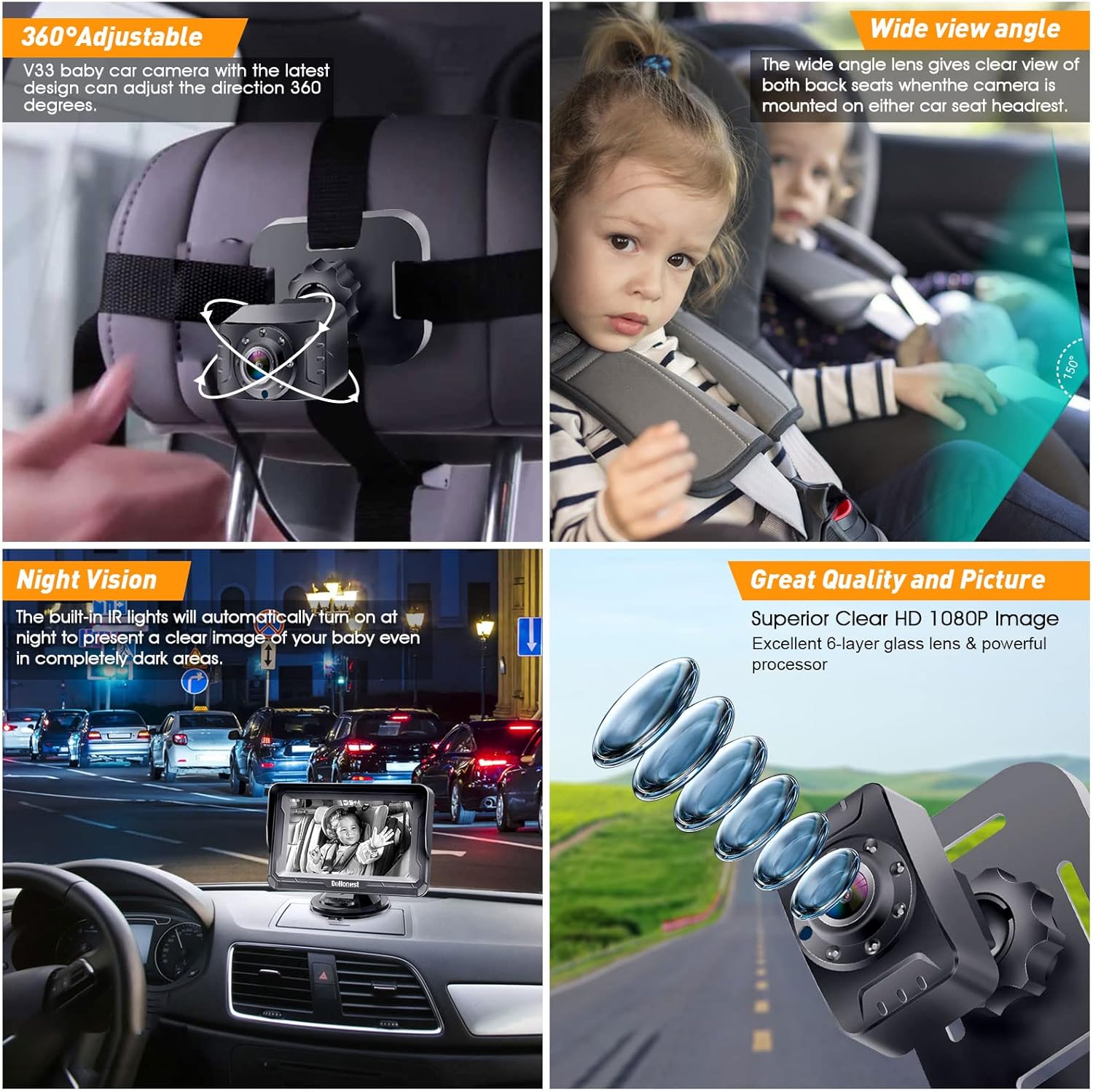 Baby Autocamera voor Achterbank | HD 1080P, 360° Rotatie, Nachtkijkfunctie | Veiligheidsmonitor voor Baby's