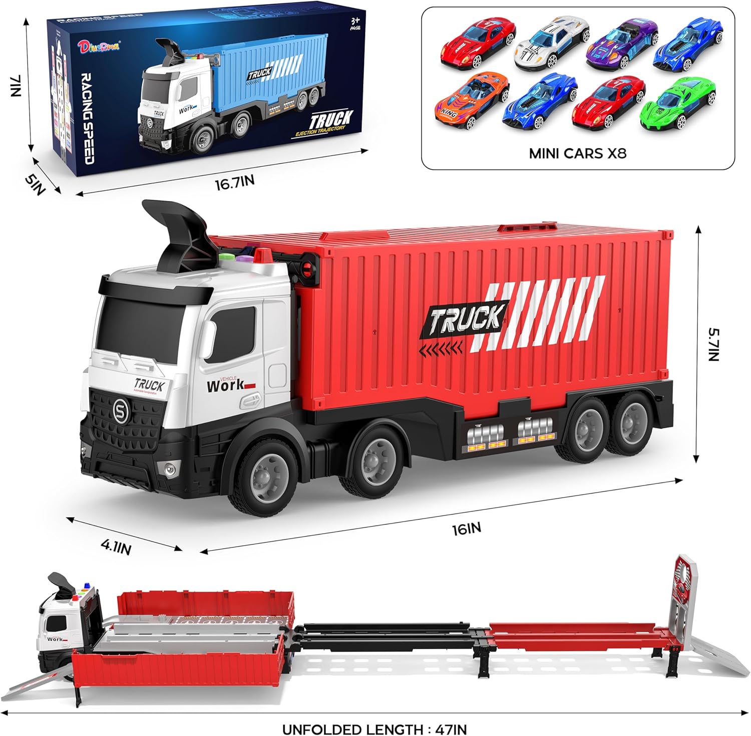 3-Laags Racebaan Truck | 8 Mini Auto’s + Vrachtwagen | Opvouwbaar Speelset | 3–6 Jaar