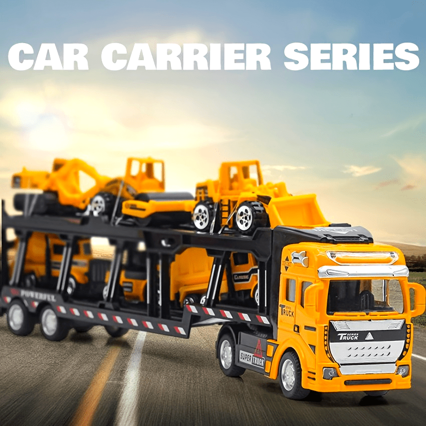 32cm Die-Cast Truck Set | 1x Vrachtwagen + 6 Mini Bouwvoertuigen | Vanaf 3 Jaar