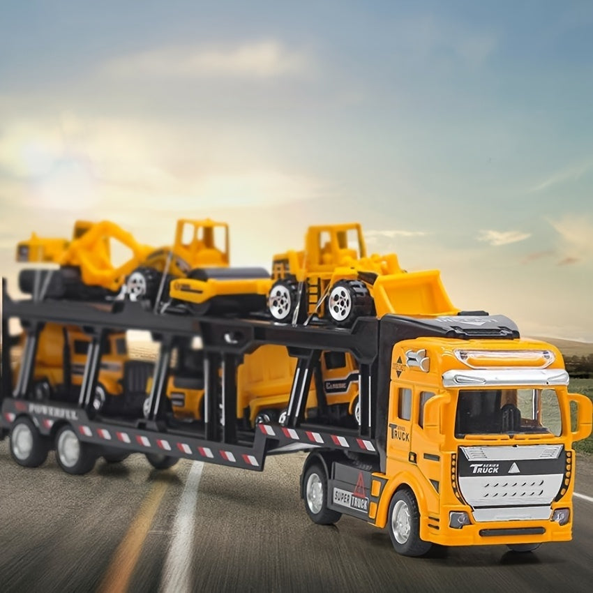 32cm Die-Cast Truck Set | 1x Vrachtwagen + 6 Mini Bouwvoertuigen | Vanaf 3 Jaar