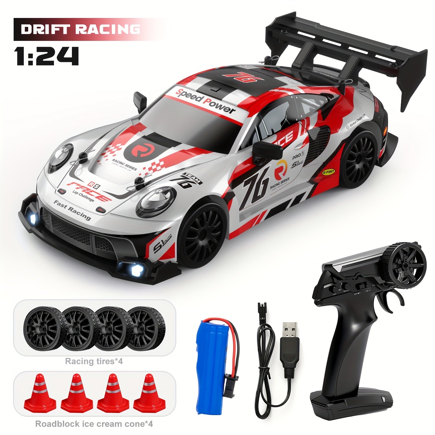 RC Drift Auto 1:24 | 4WD Afstandsbediening Racewagen met Driftbanden