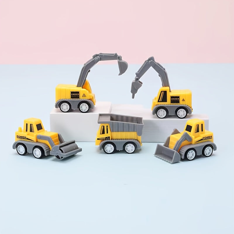 A set van 6 miniatuur bouwvoertuigen speelgoedsets, met handvat en gele kraan, graafmachine en truckmodellen – perfect als kerstcadeau, feestverrassing of taartdecoratie